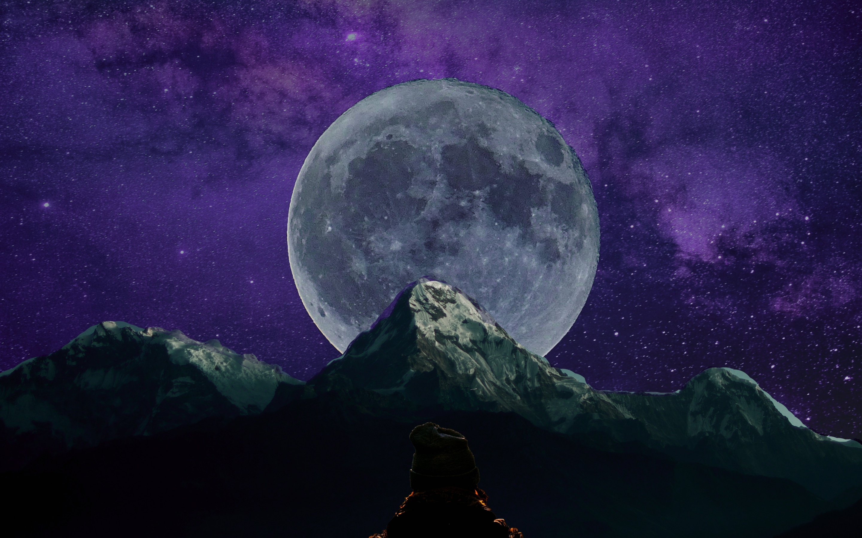 Mountains, moon, silhouette, dark, night, 2880x1800 wallpaper