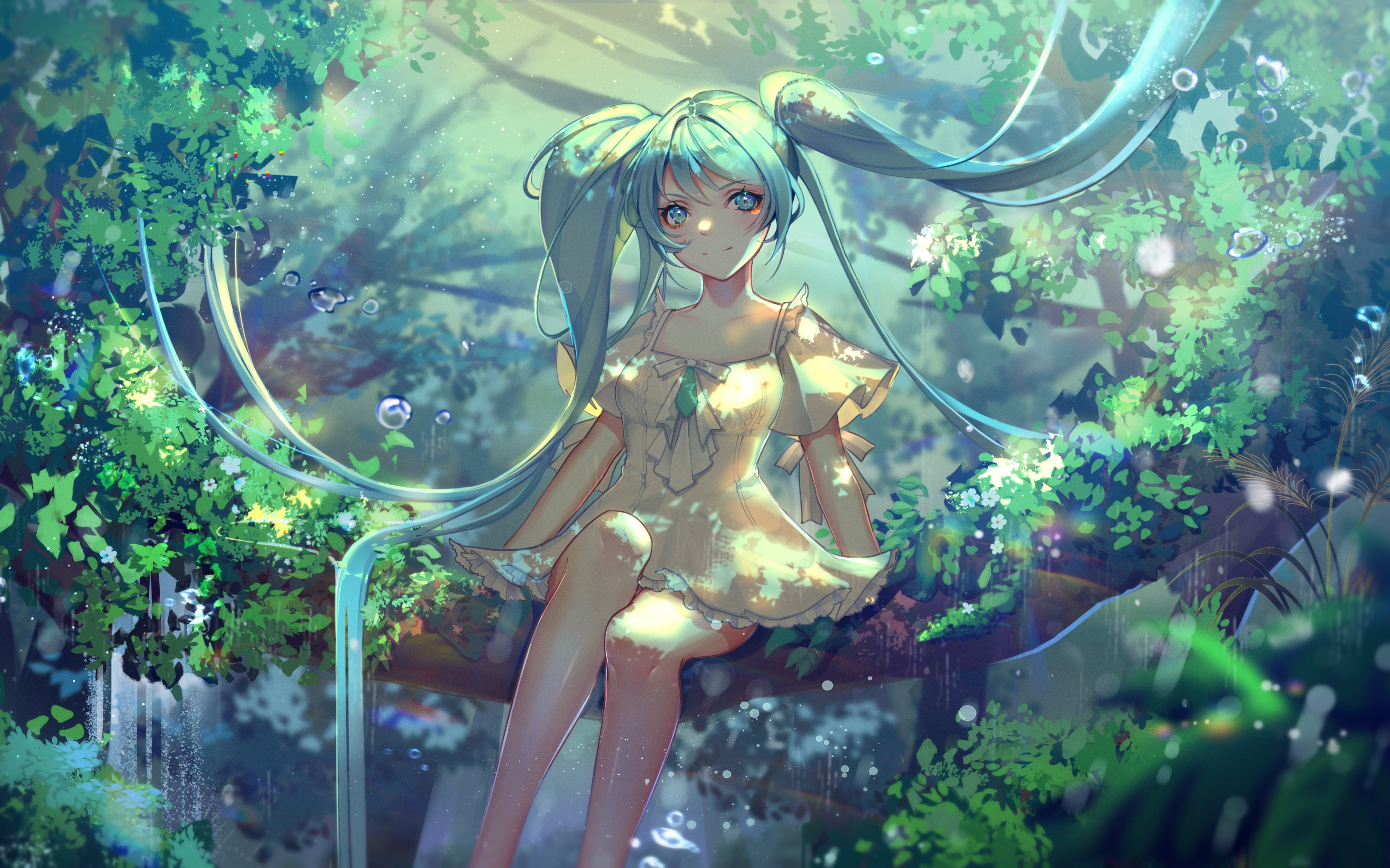 Hatsune Miku, sitting on tree, forest, art, 2880x1800 wallpaper