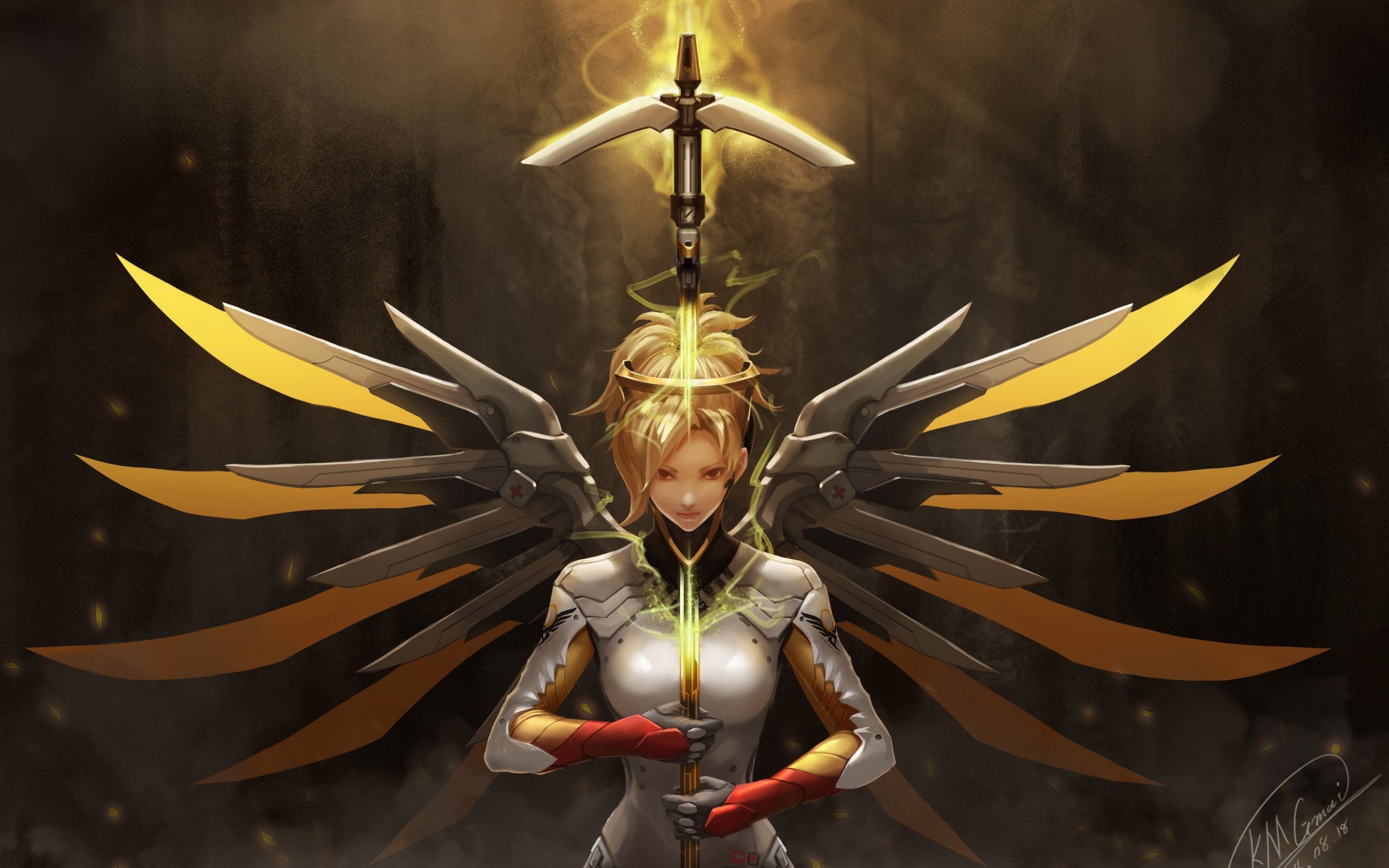 Robotic wings, mercy, angel, overwatch, artwork, 2880x1800 wallpaper