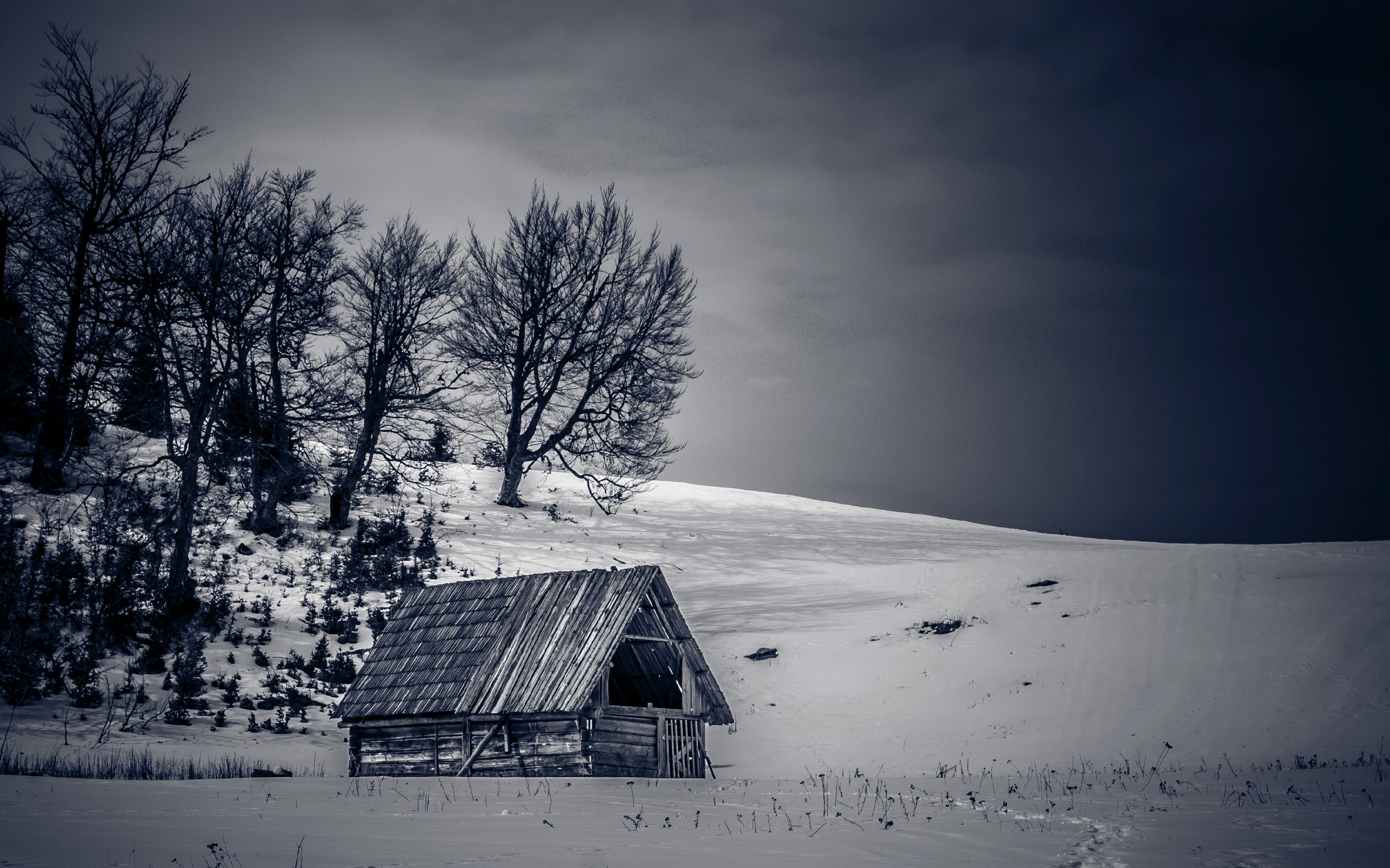 Landscape, cottage, winter, tree, 2880x1800 wallpaper