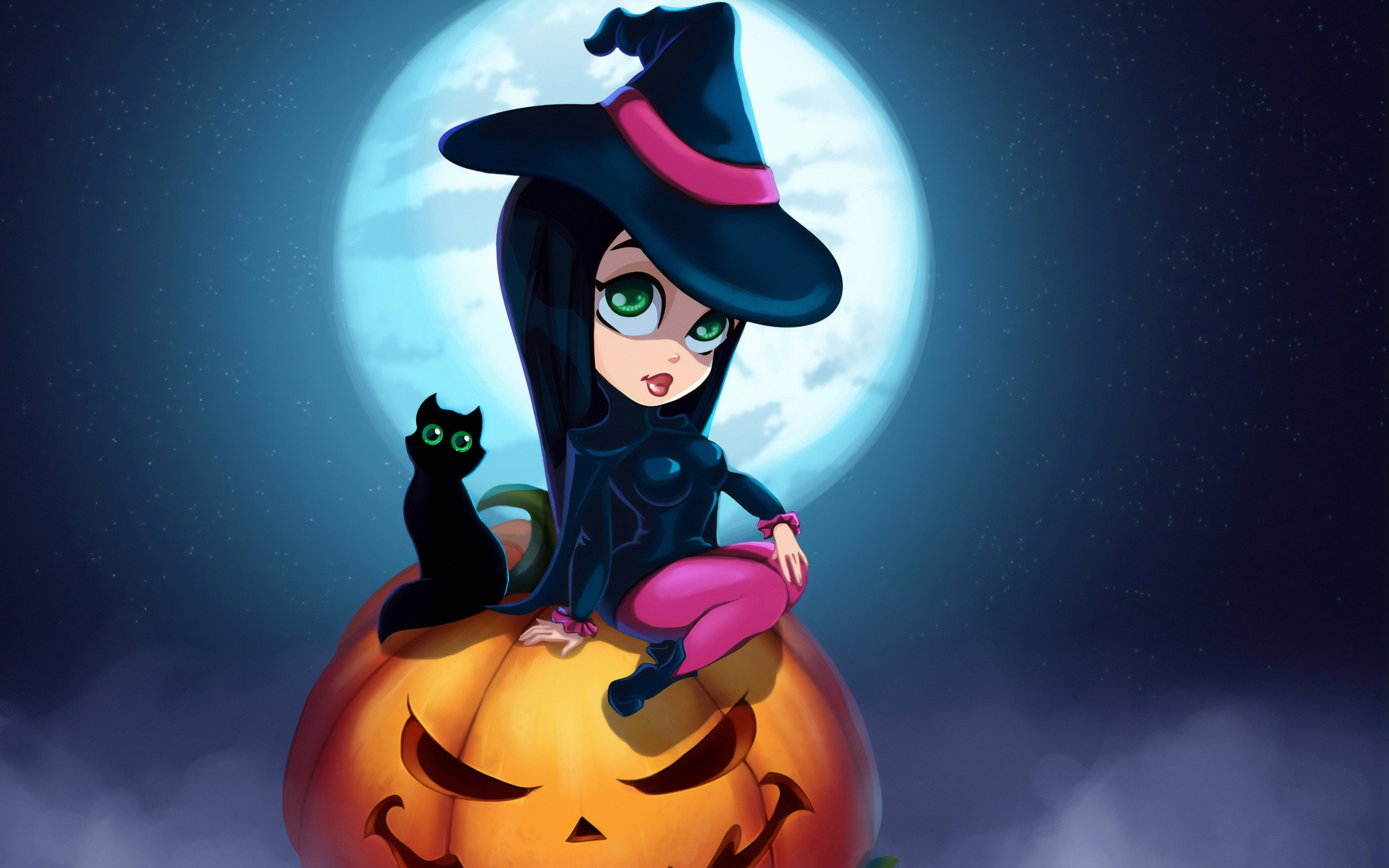 Cute witch and kitten, Halloween, art, 2880x1800 wallpaper