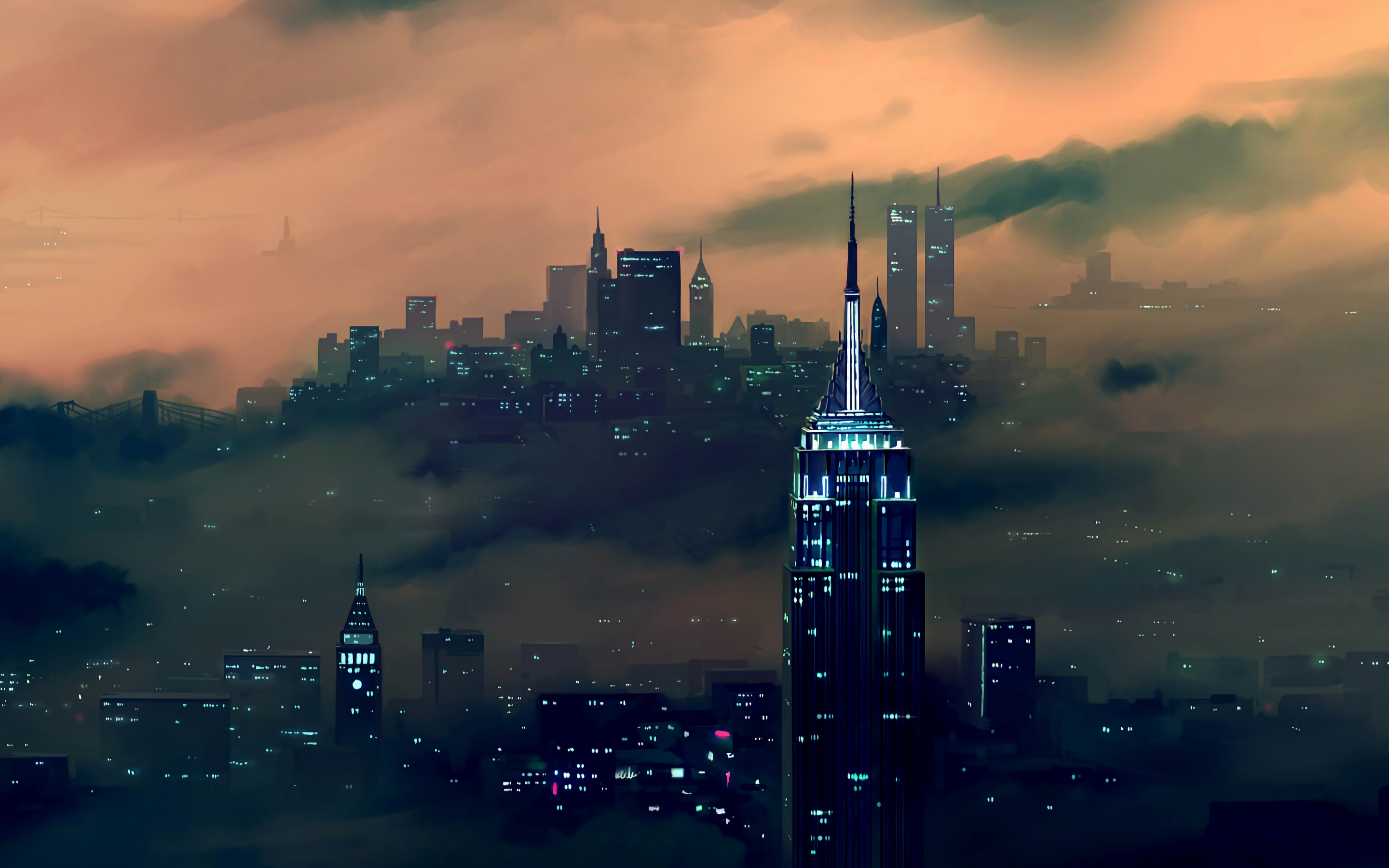 Night, dusk, New York, city, buildings, art, 2880x1800 wallpaper