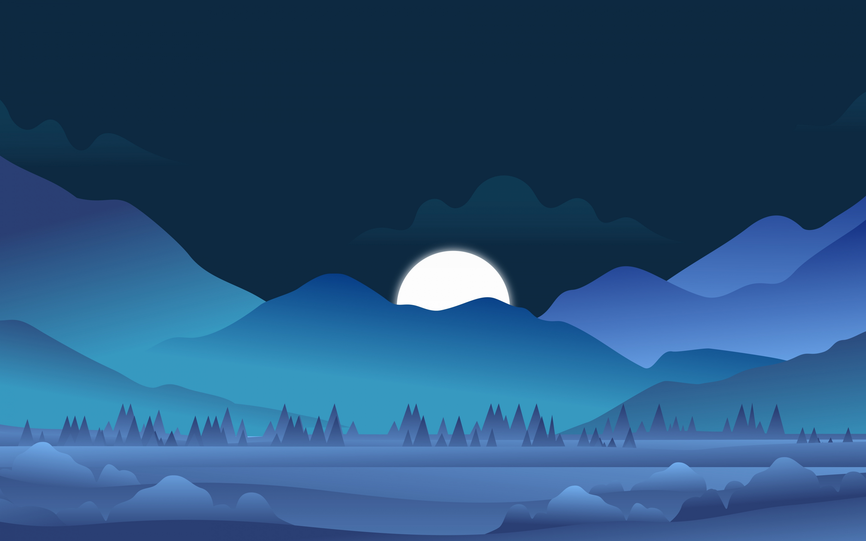 Blue theme, minimal, art, mountains and forest, 2880x1800 wallpaper