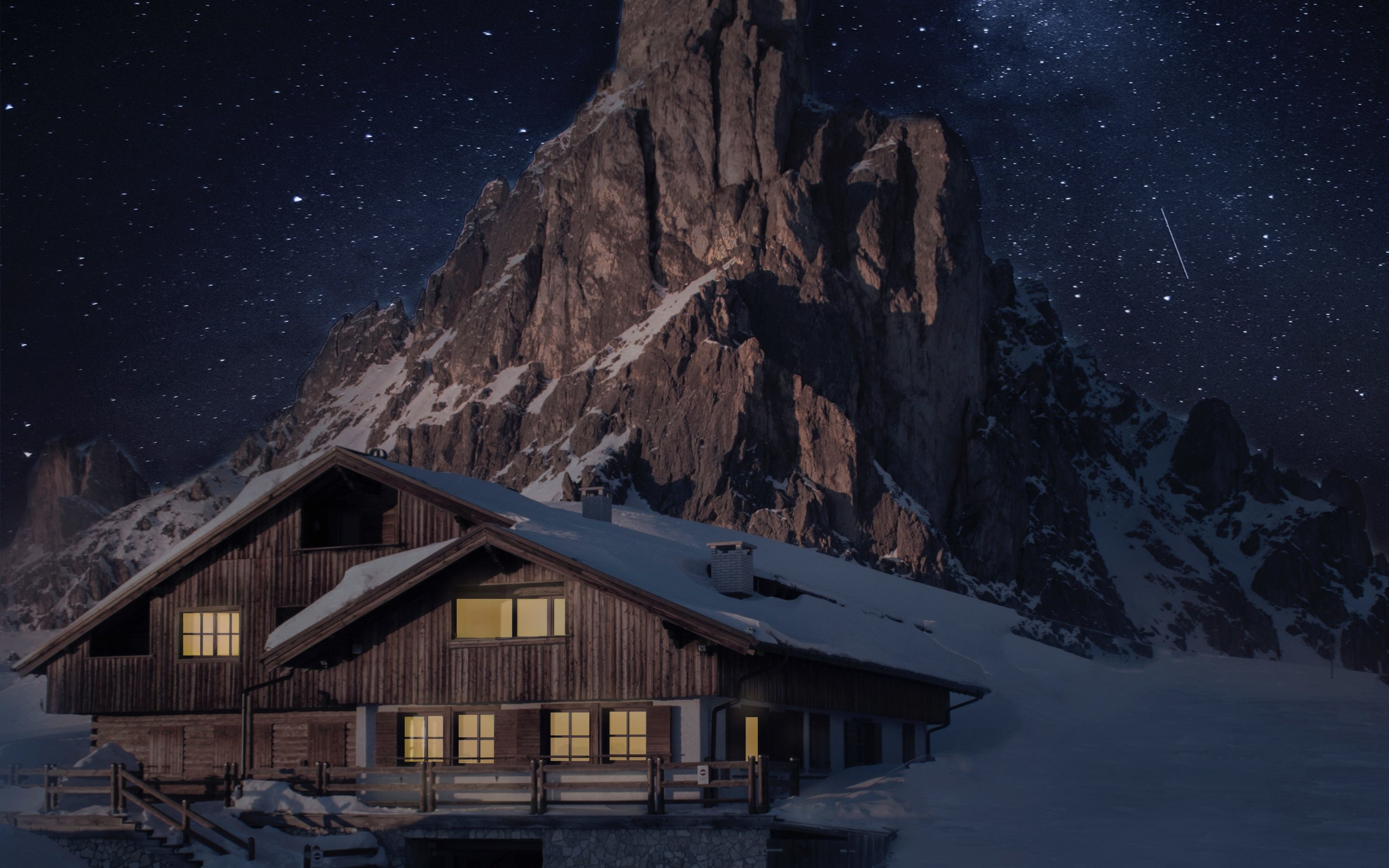 House and mountain, night, winter, 2880x1800 wallpaper