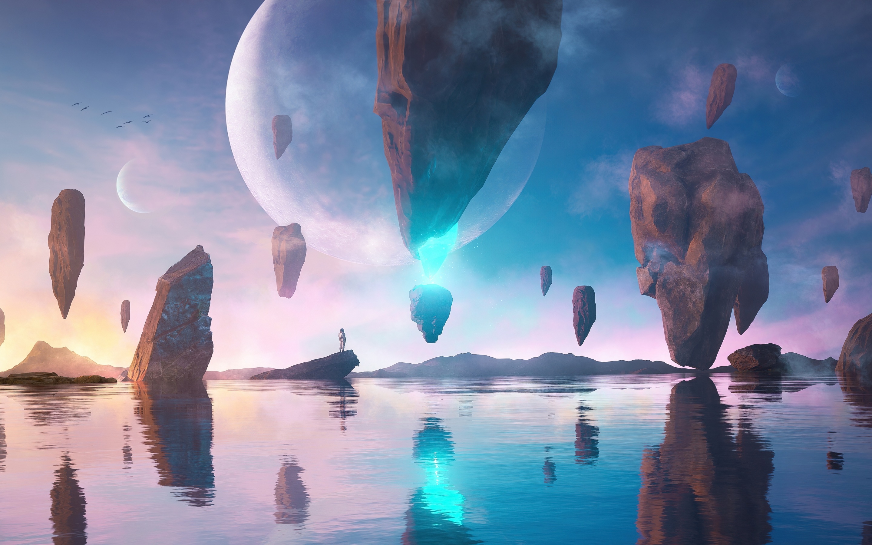 Lake, flying rocks, planet, fantasy, art, 2880x1800 wallpaper