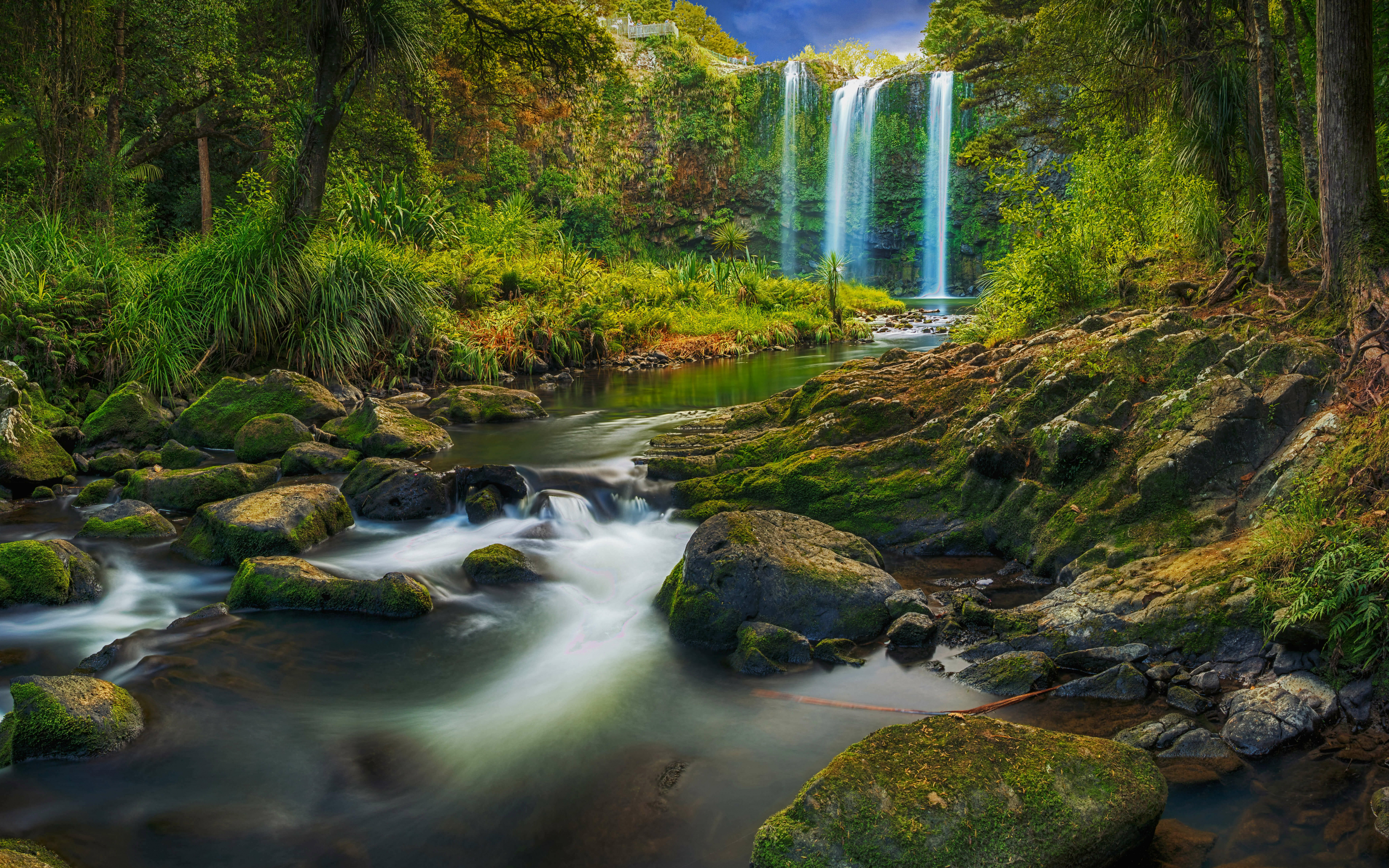 Waterfall, flowing river, forest, green and beautiful nature, 2880x1800 wallpaper
