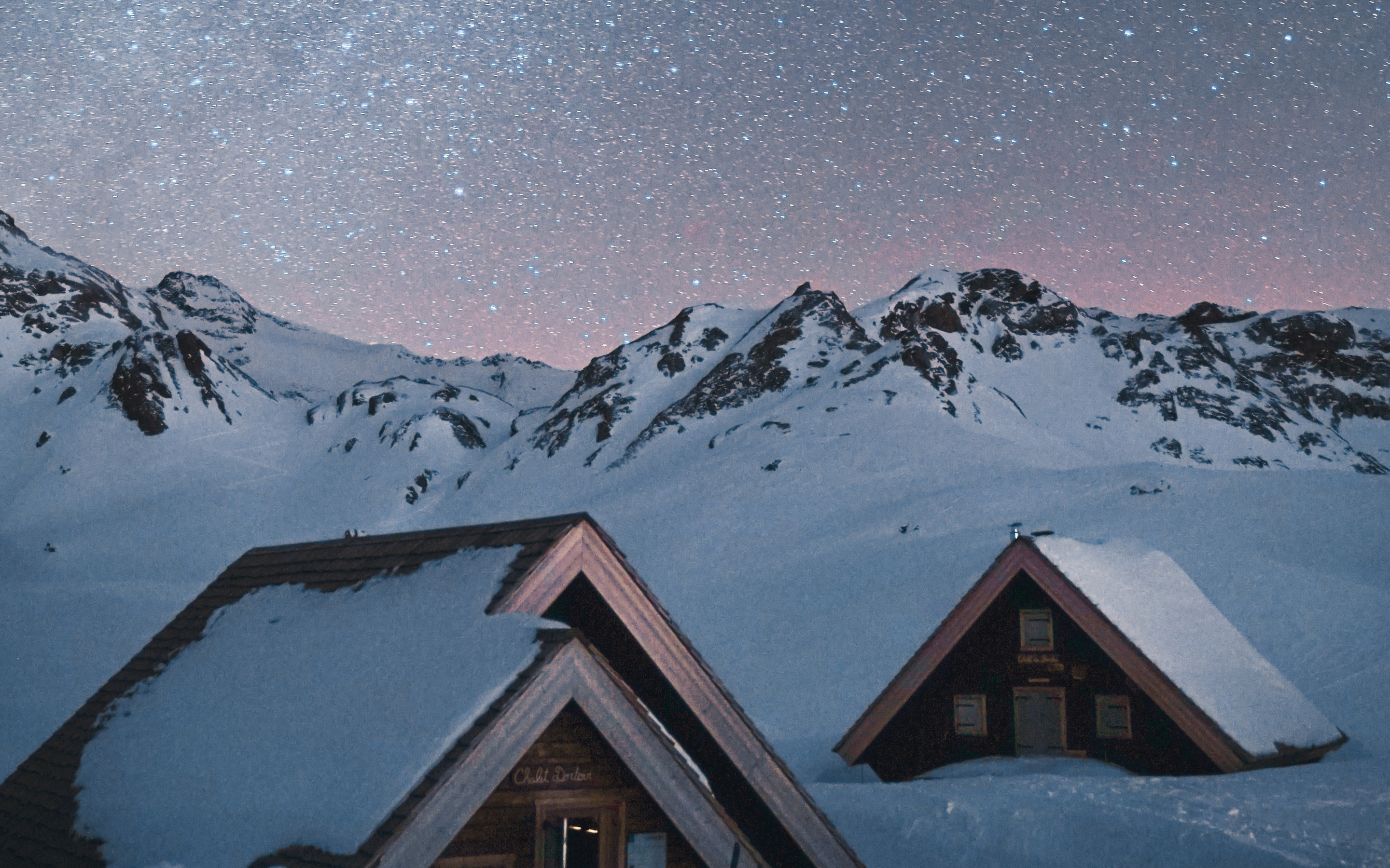Winter, landscape, houses, mountains, 2880x1800 wallpaper