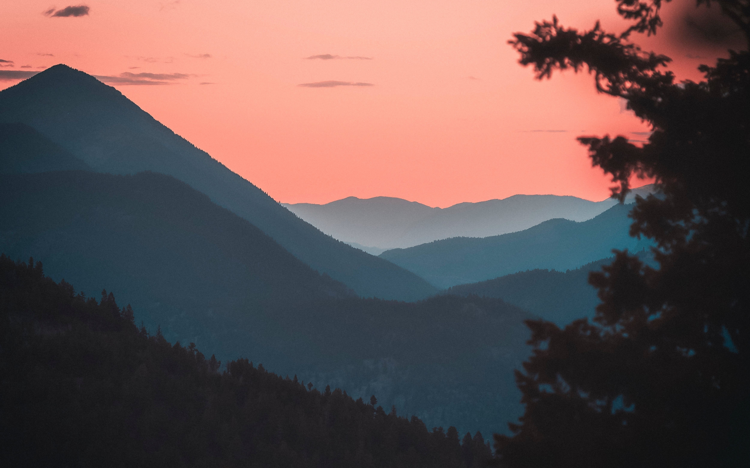 Mountains, horizon, forest, sunset, dusk, 2880x1800 wallpaper
