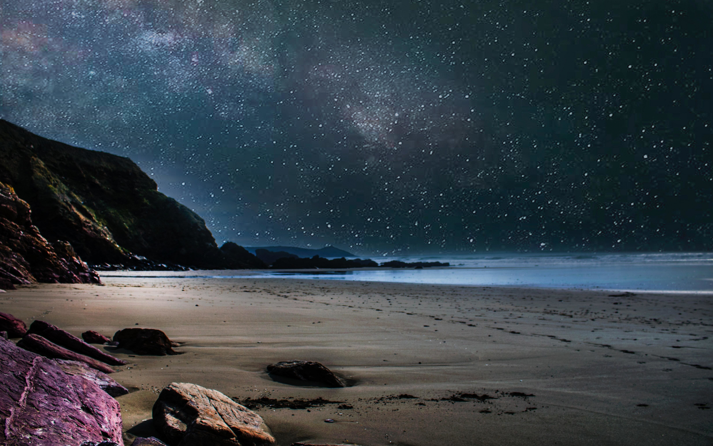 Beach, starry night, sky, nature, 2880x1800 wallpaper