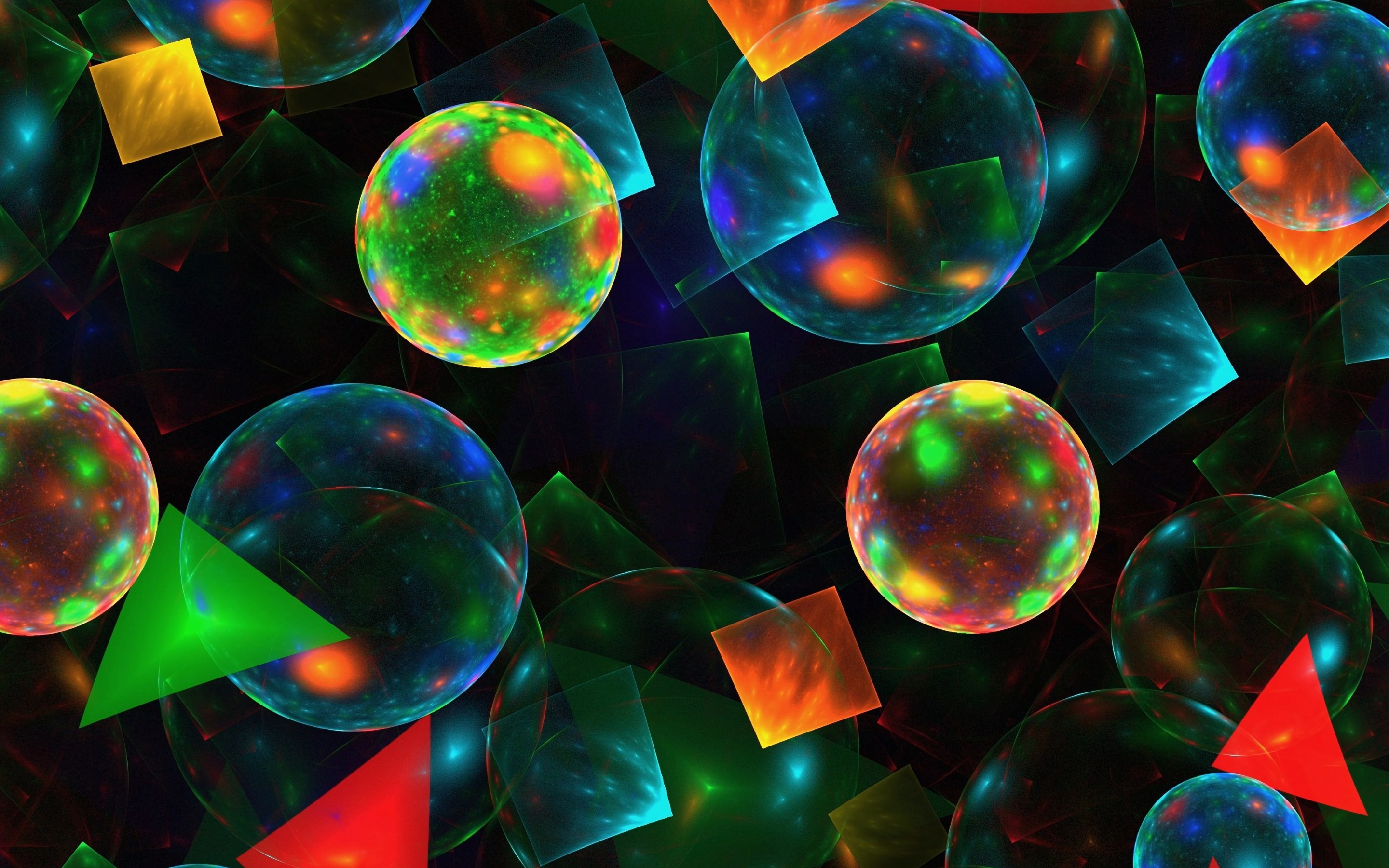 Abstract, colorful, balls and triangles, shapes, art, 2880x1800 wallpaper