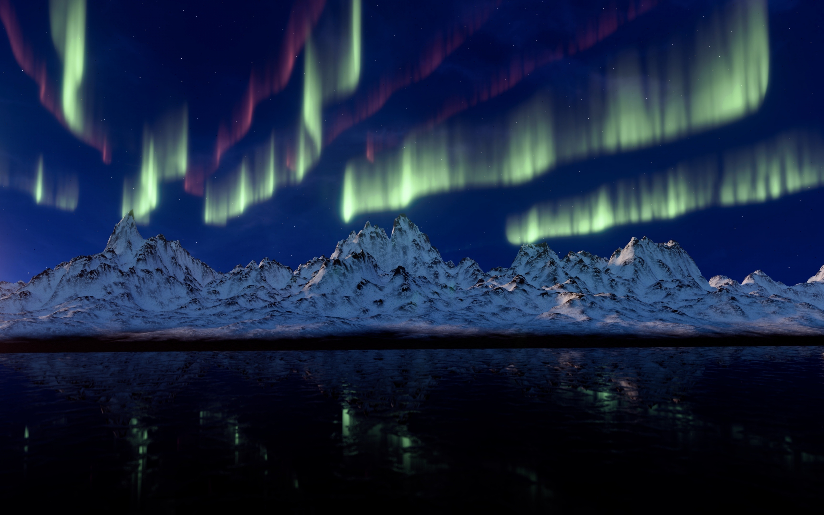 Aurora, Northern lights, mountains, reflections, 2880x1800 wallpaper