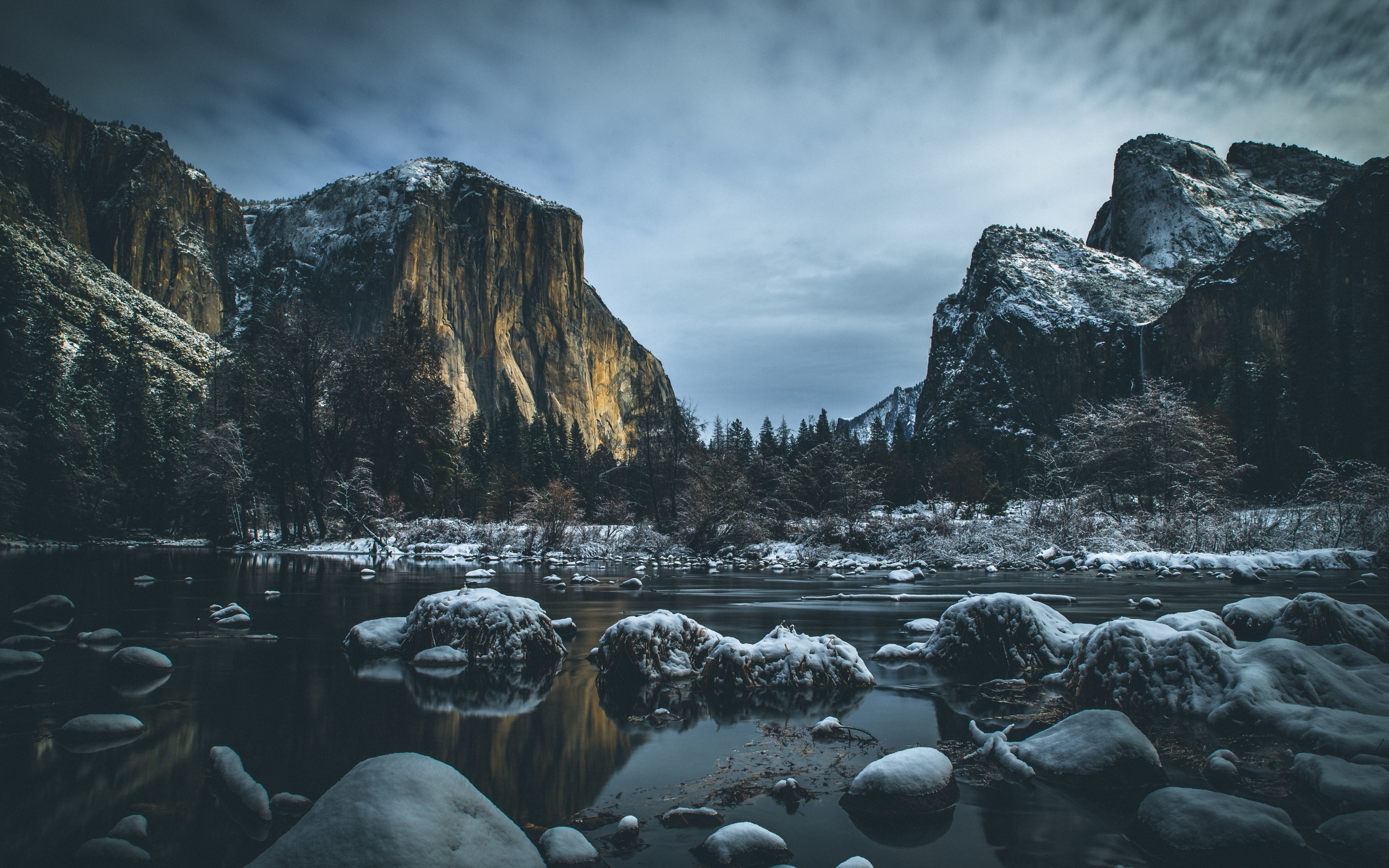National Park, Yosemite Valley, river, mountains, stones, 2880x1800 wallpaper