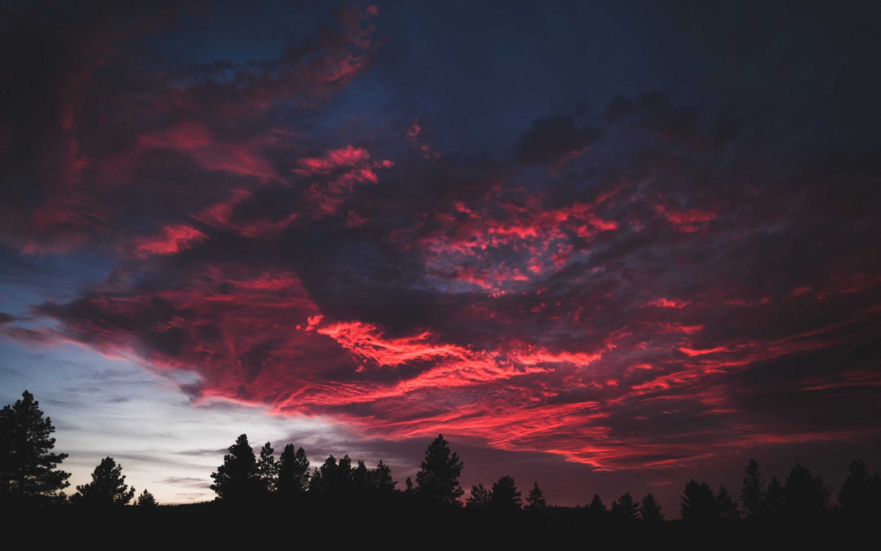 Colorful, clouds, sunset, dark, tree, 2880x1800 wallpaper