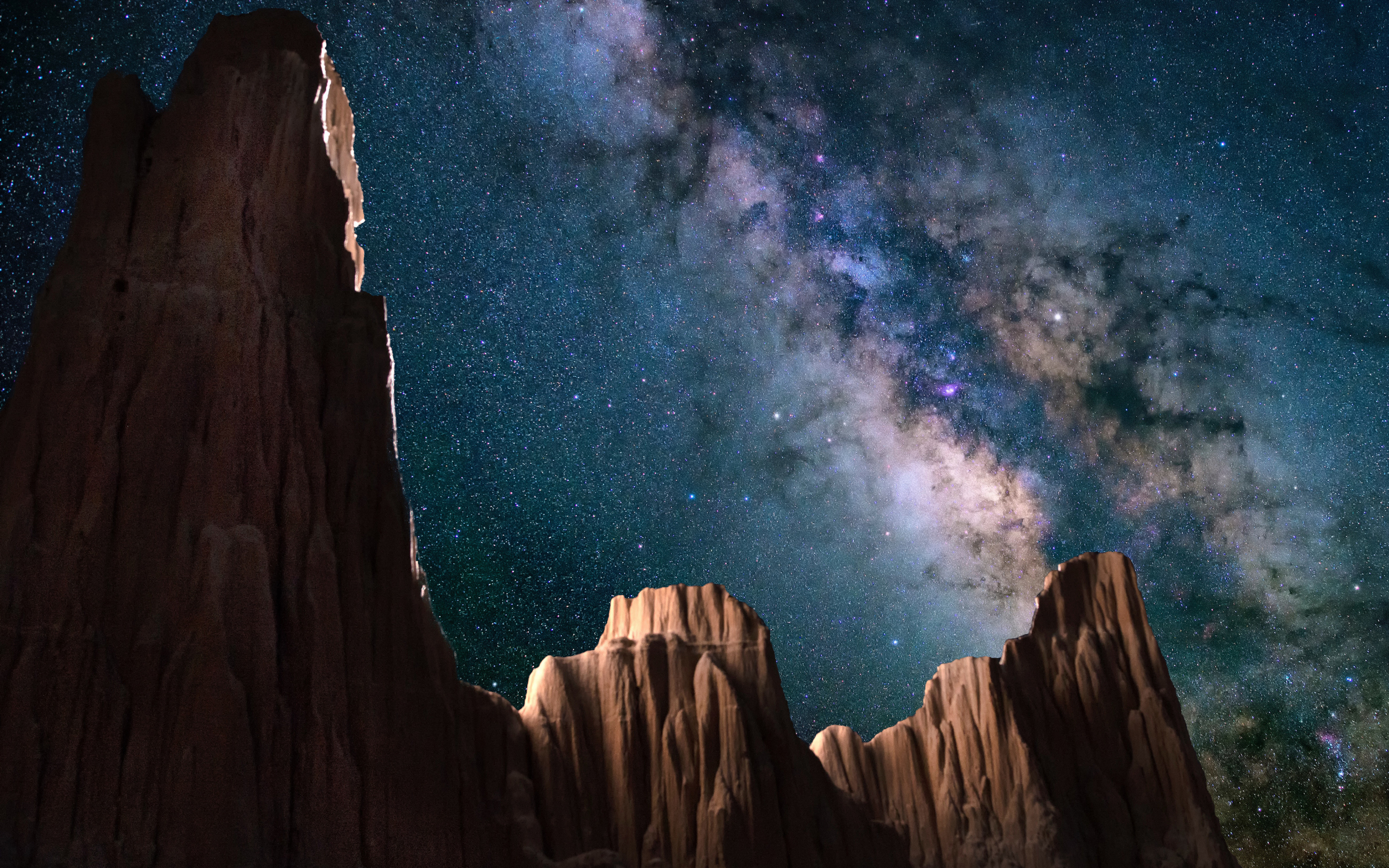 Starry sky, Cathedral Gorge State Park, cliff, sky, milky way, 2880x1800 wallpaper