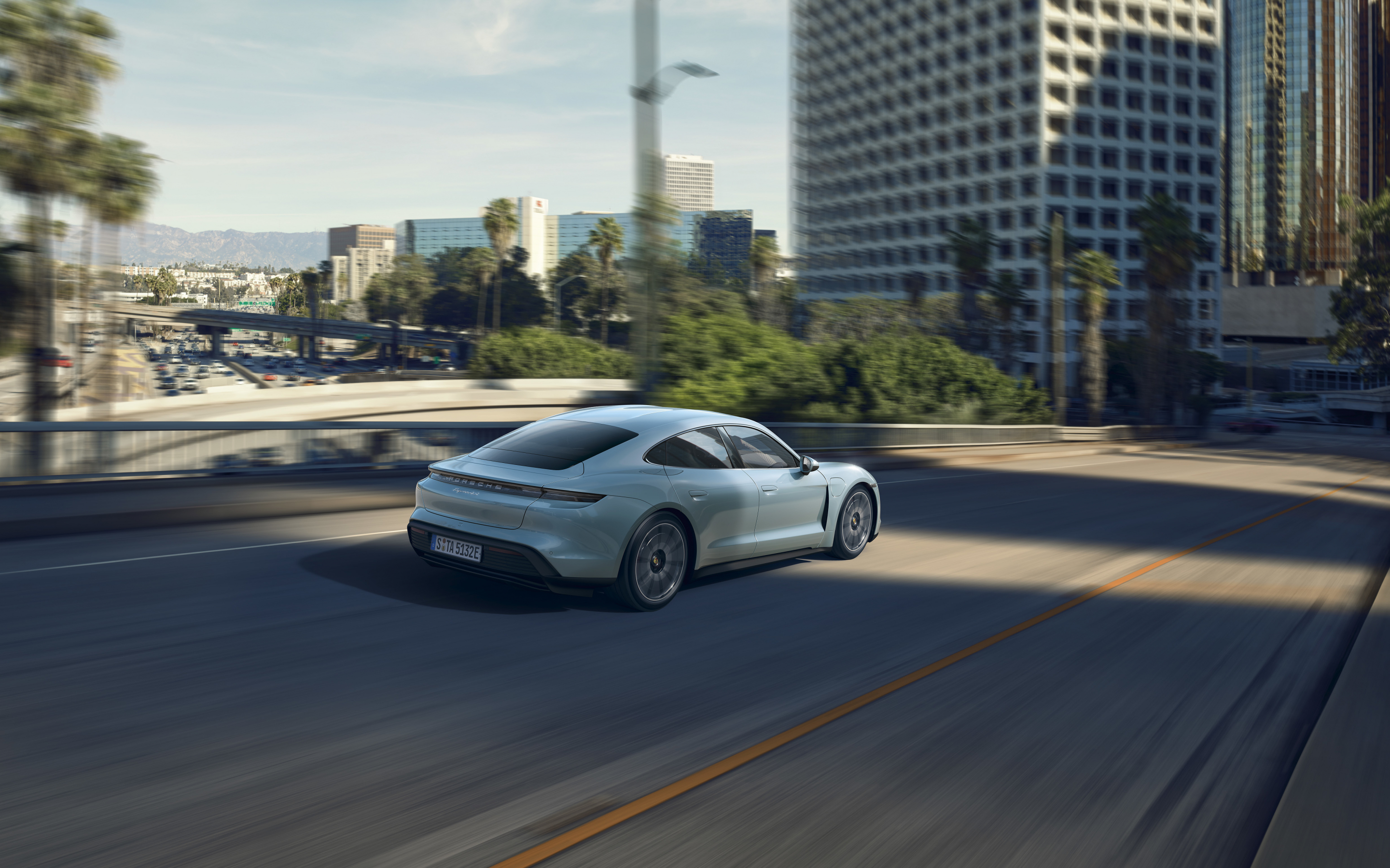 On-road, Porsche Taycan 4S, rear-view, 2880x1800 wallpaper