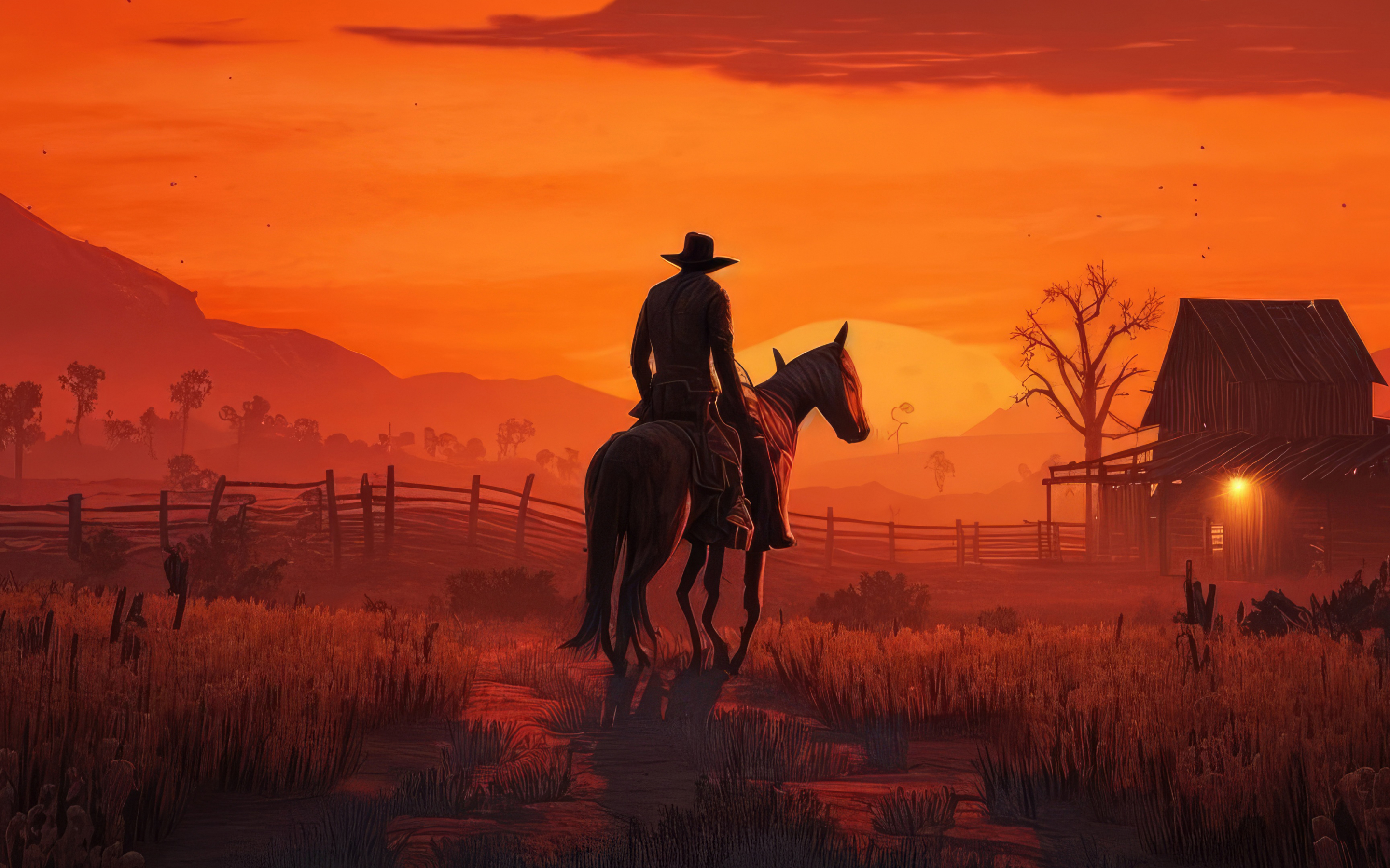 Arthur Morgan, Evening Ride on Horse, landscape, sunset, 2880x1800 wallpaper