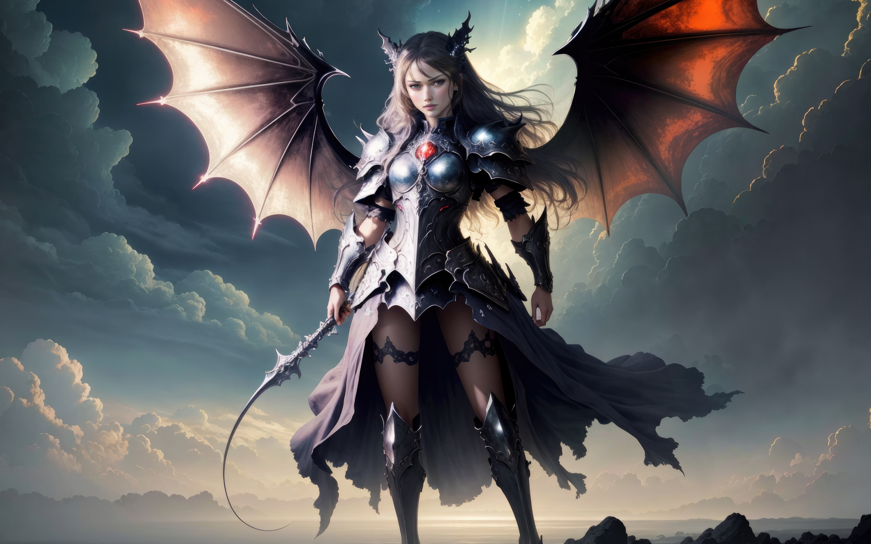 Dragon girl with wings, pretty devil, fantasy, 2880x1800 wallpaper