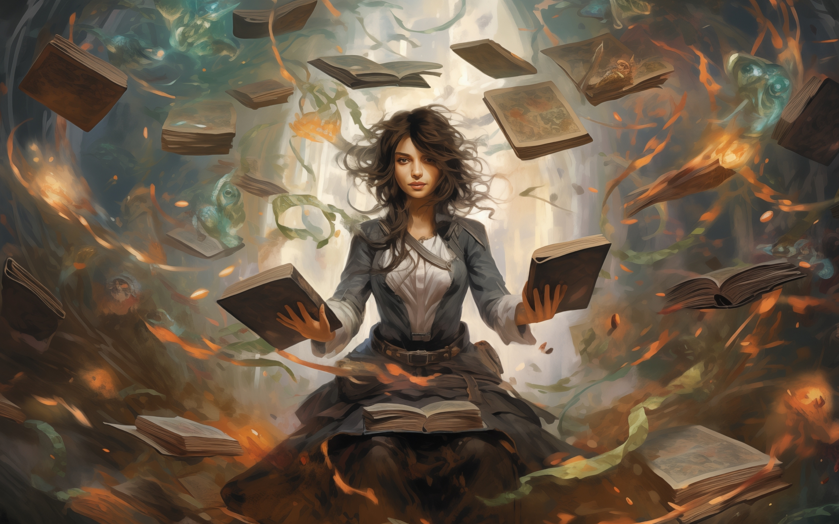 Magician girl with books, spells, fantasy, 2880x1800 wallpaper