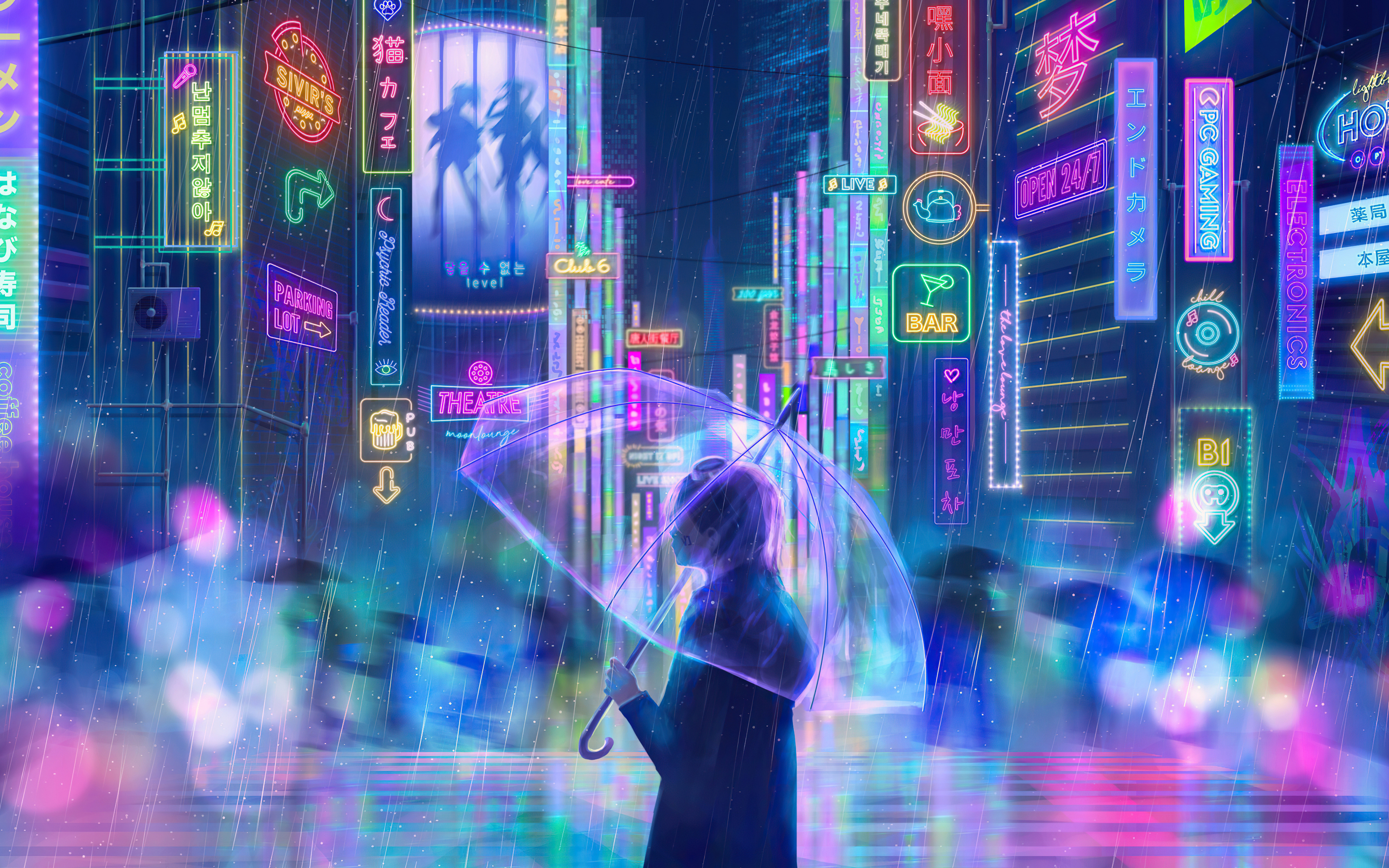 Glowing city, neon, girl with umbrella, original, artwork, 2880x1800 wallpaper