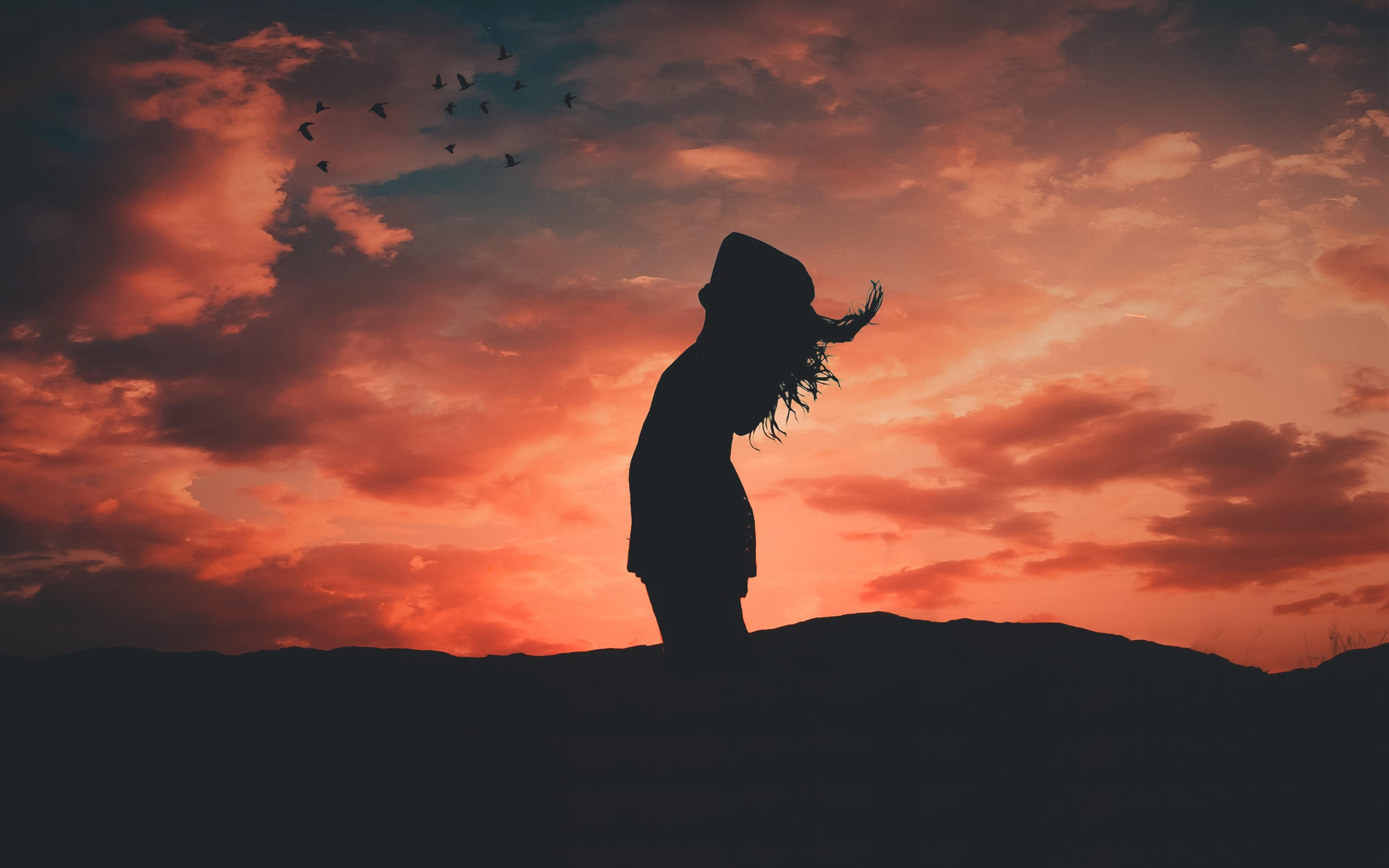 Sunset, girl, freedom, outdoor, relaxed, silhouette, 2880x1800 wallpaper