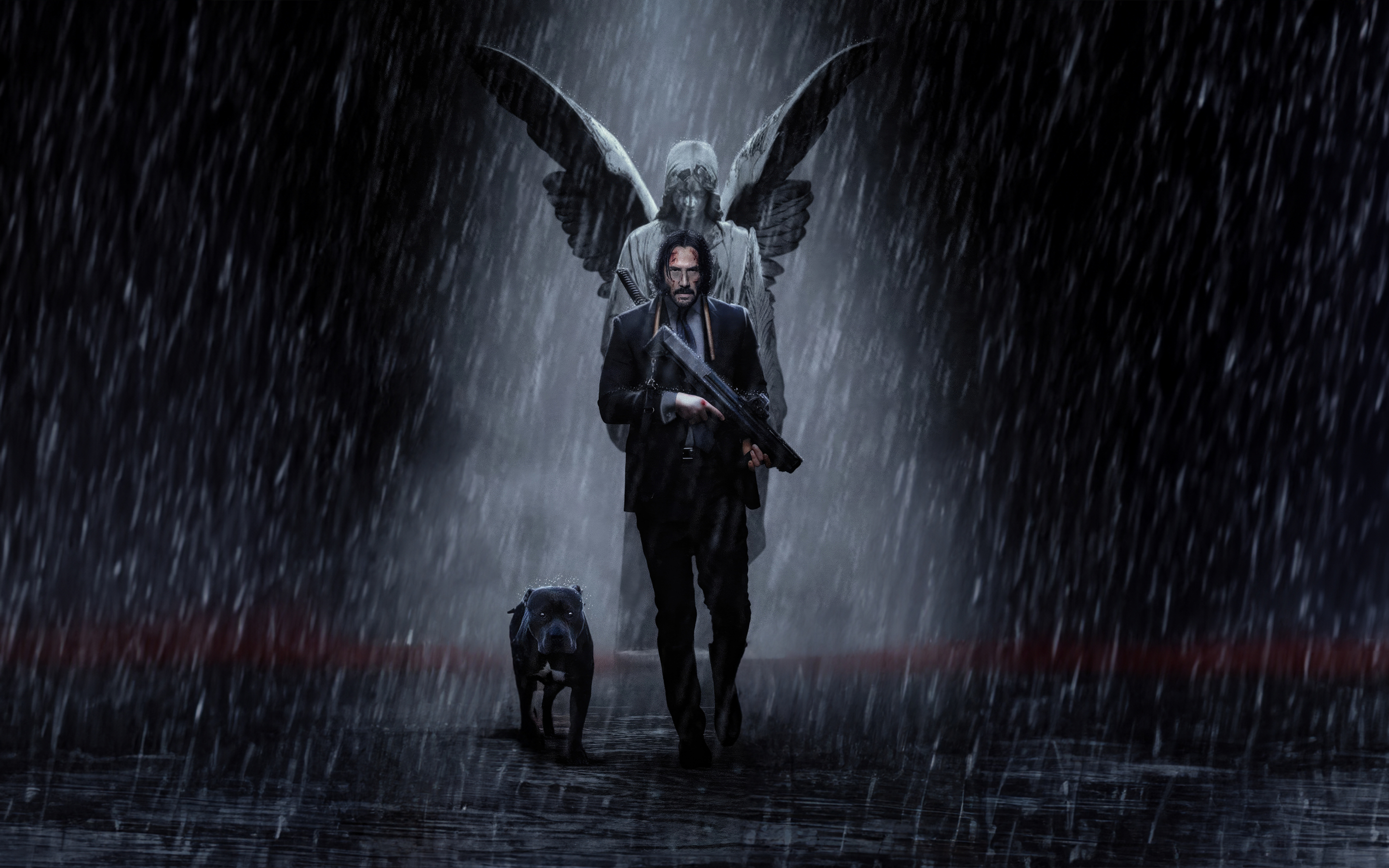 John Wick and his dog, walking in the rain, movie, 2880x1800 wallpaper