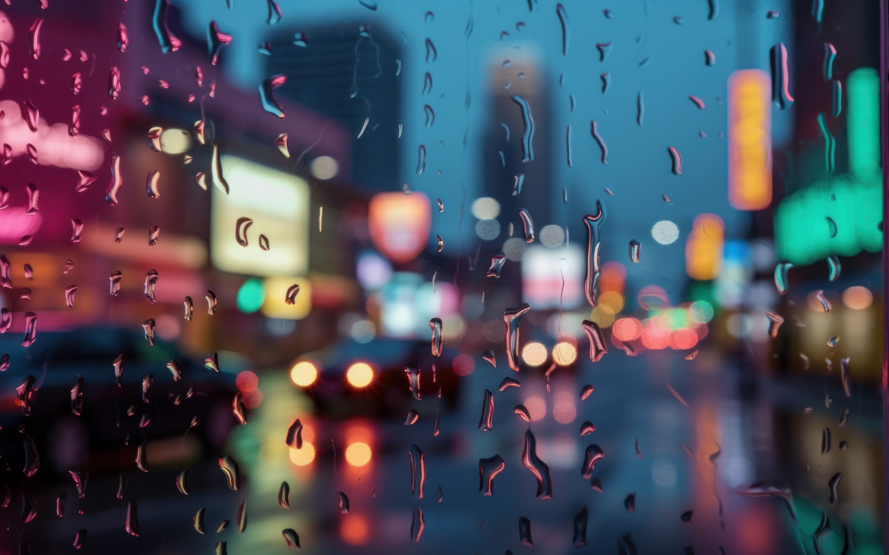 Raindrops on glass, rain, night of city, bokeh, 2880x1800 wallpaper