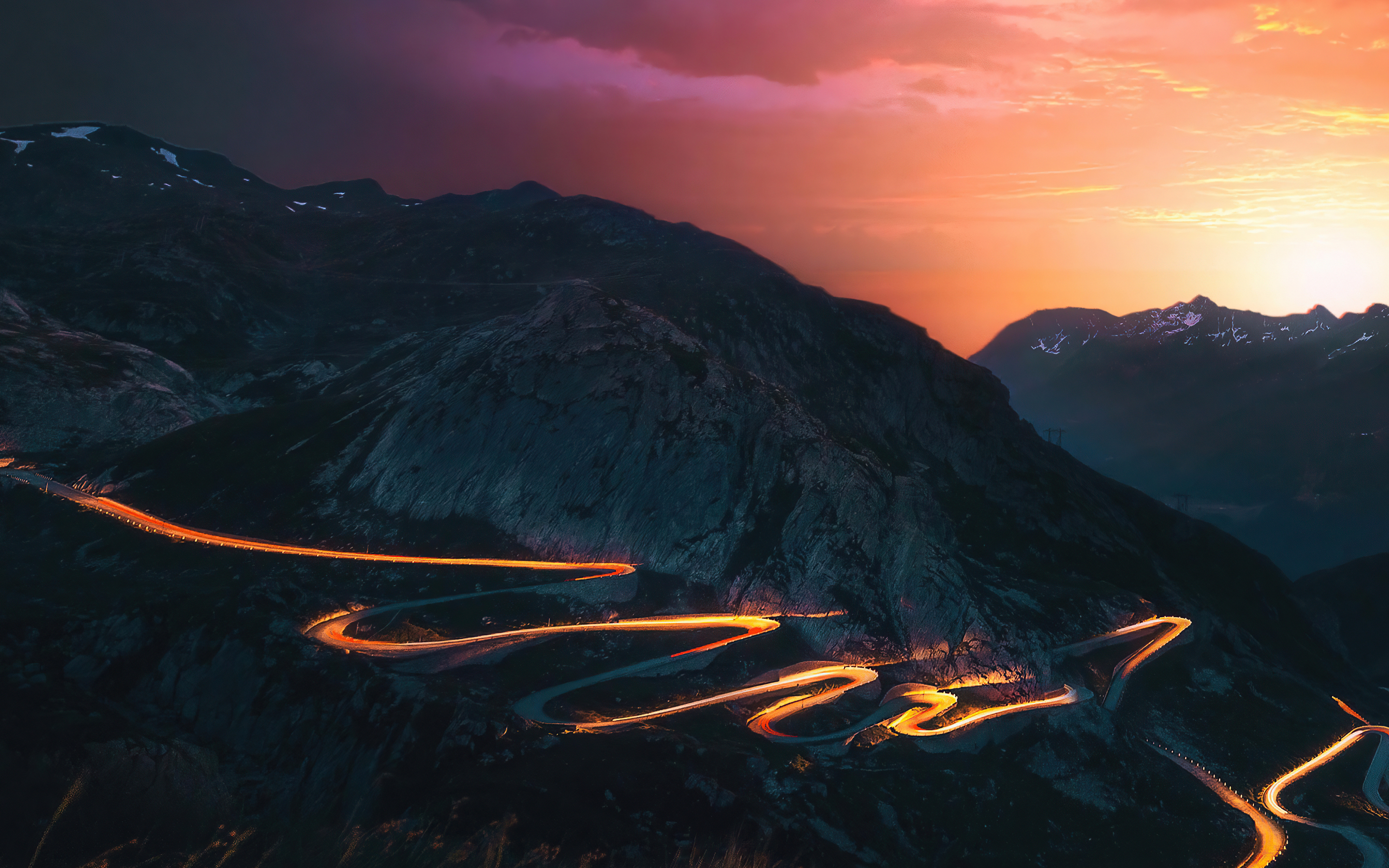 Sunset, trails of lights, mountains, road, long exposure, 2880x1800 wallpaper