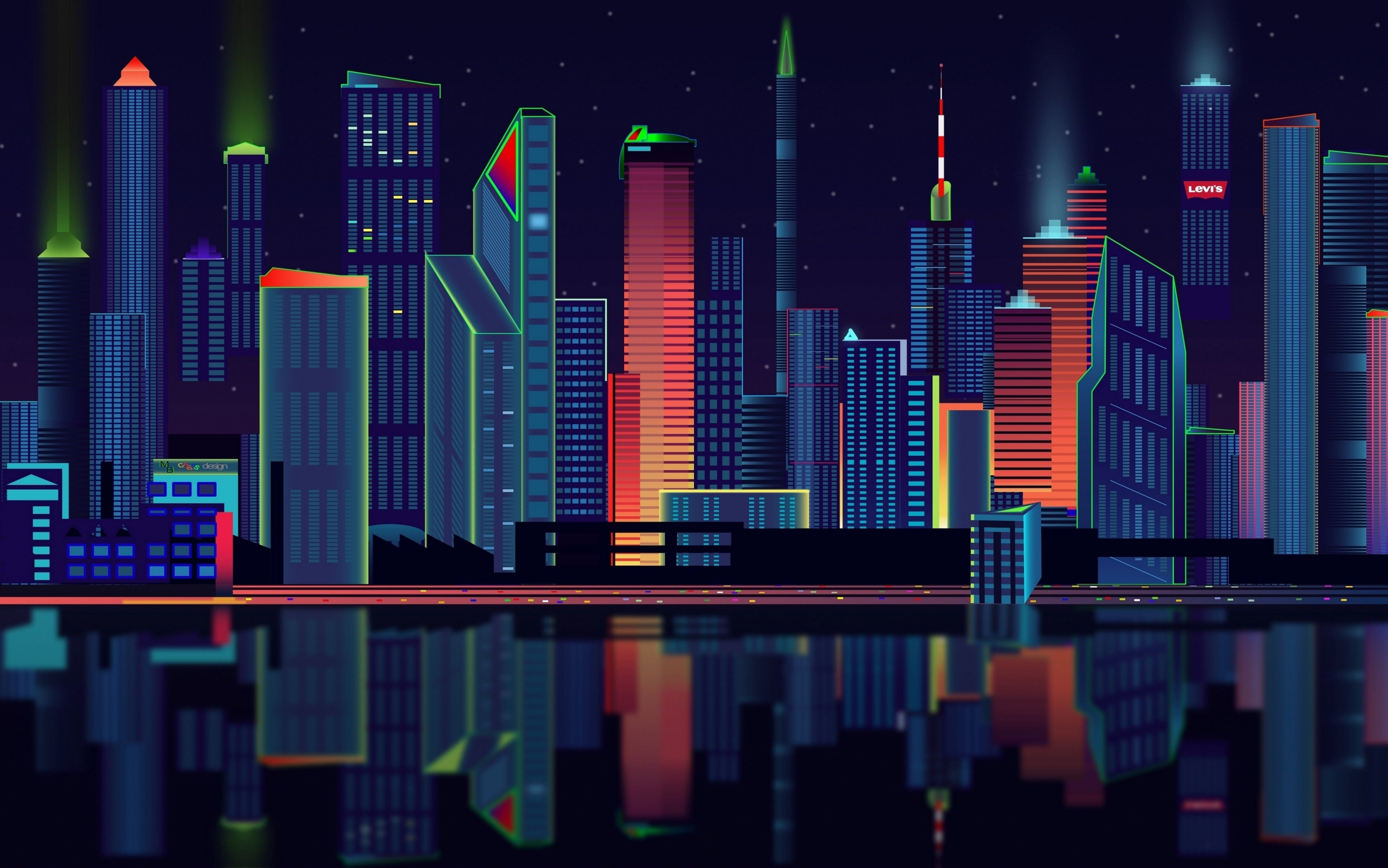 Cityscape, night, buildings, digital art, 2880x1800 wallpaper