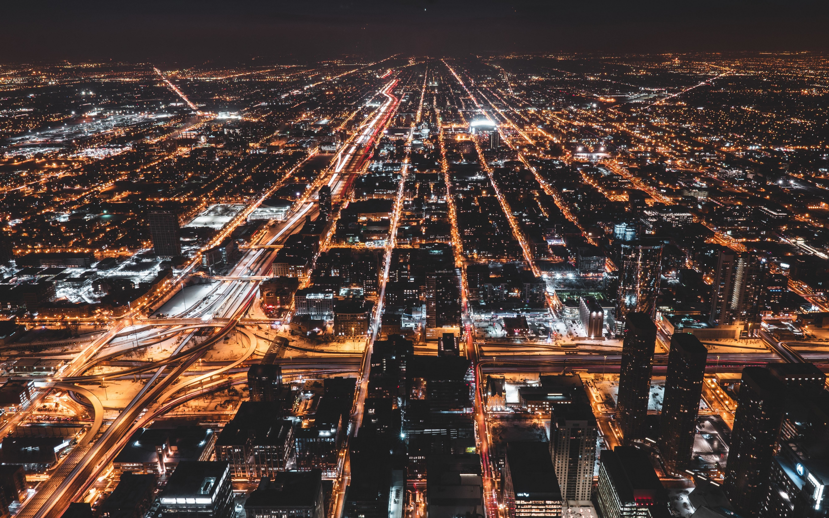 Aerial view, dark, buildings, cityscape, 2880x1800 wallpaper