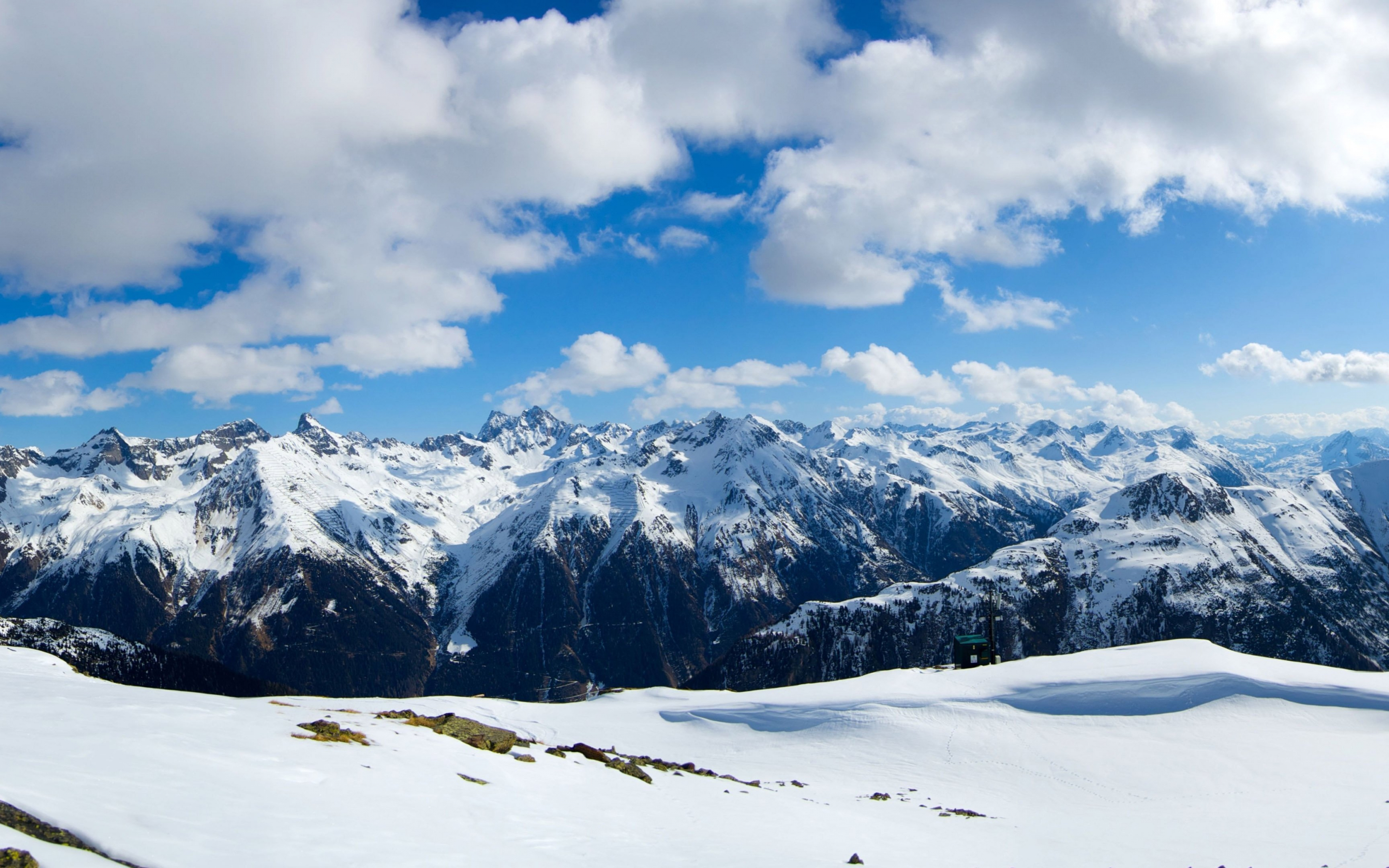 Glacier, landscape, mountain range, white clouds, 2880x1800 wallpaper