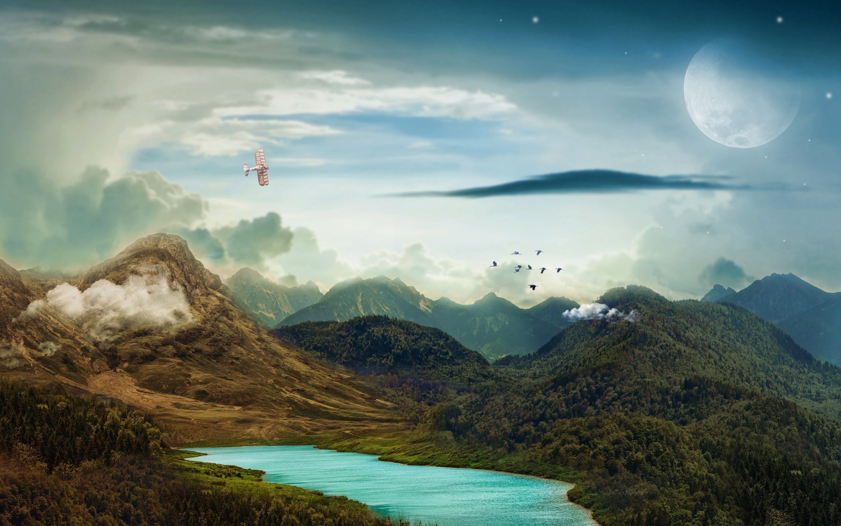 Landscape, mountains, moon, lake, fantasy, 2880x1800 wallpaper
