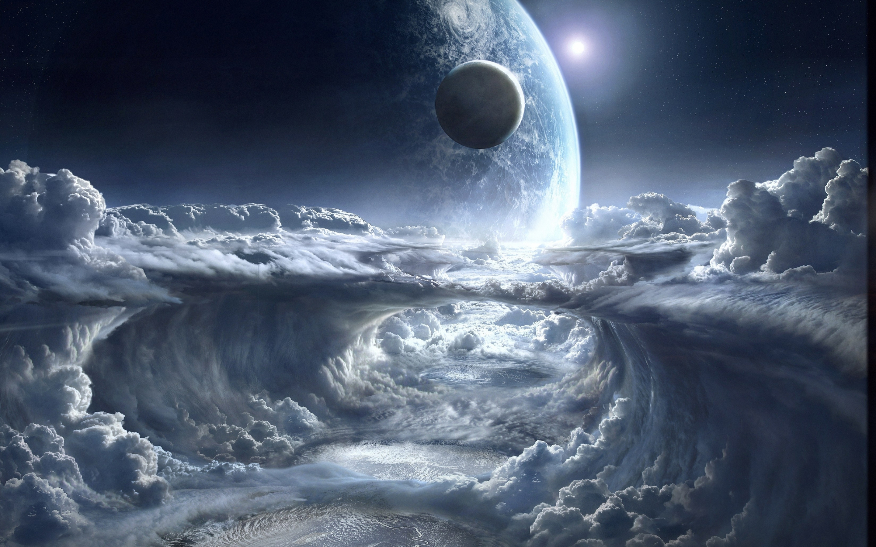 Space, white clouds, planet, fantasy, 2880x1800 wallpaper