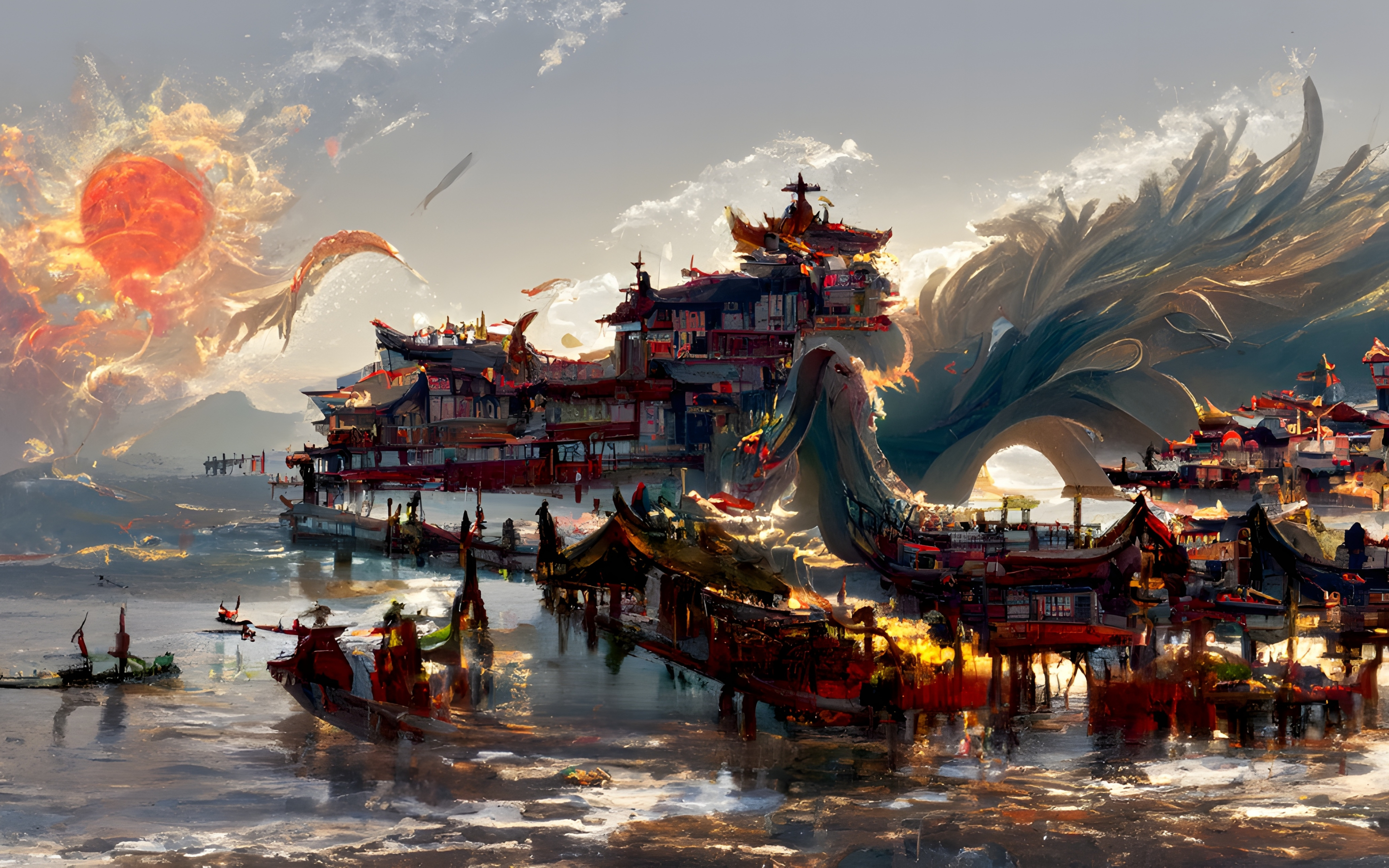 China's ancient town, dragon, fantasy, art, 2880x1800 wallpaper