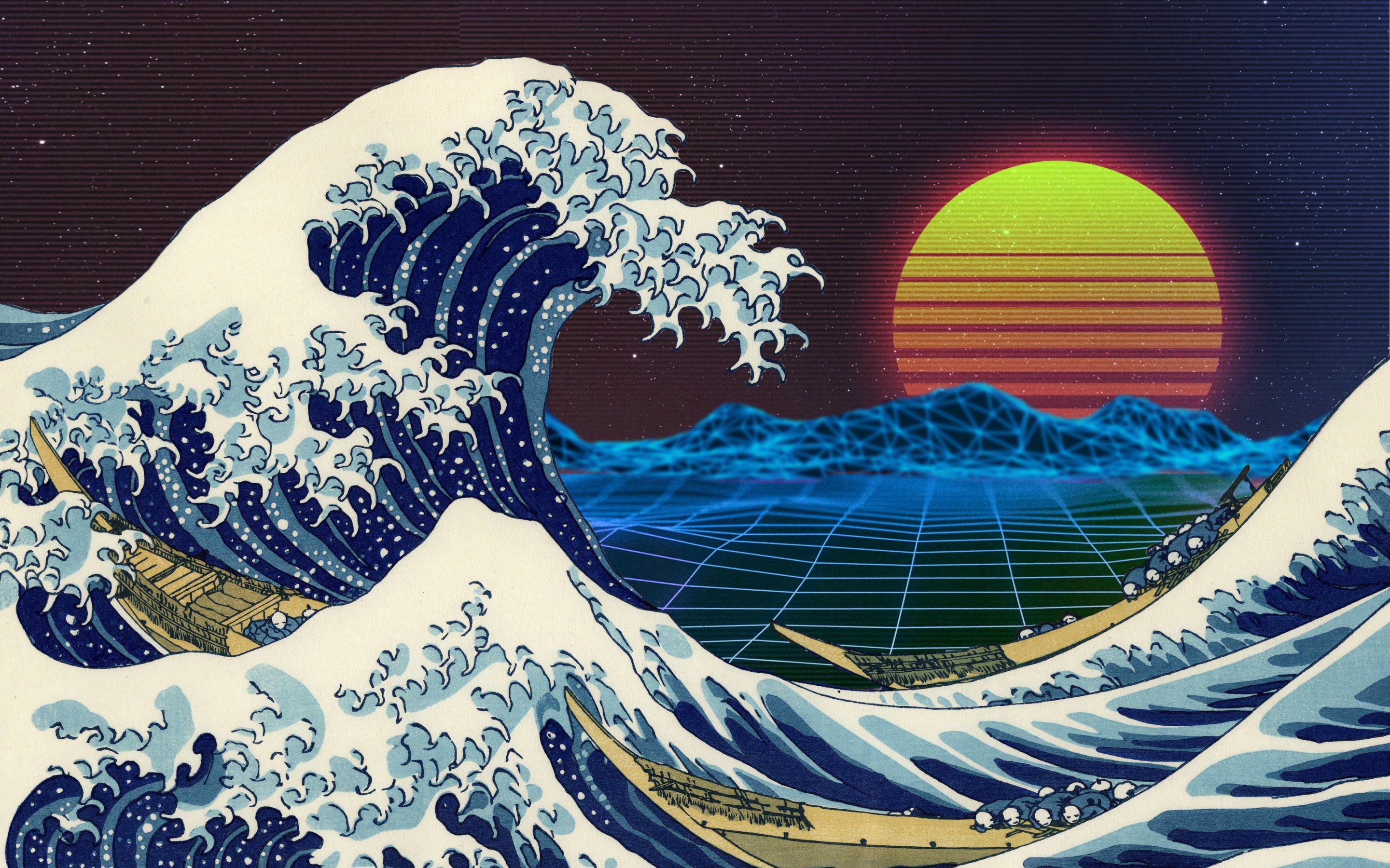 Retro, art, tide, sea waves, moon, 2880x1800 wallpaper