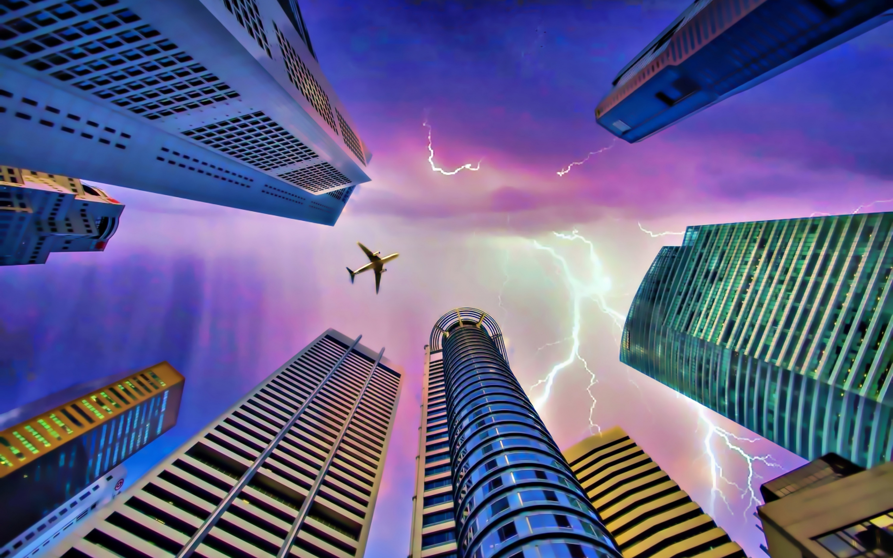 Skyscrapers, lighting, airplane, clouds, photoshop, 2880x1800 wallpaper