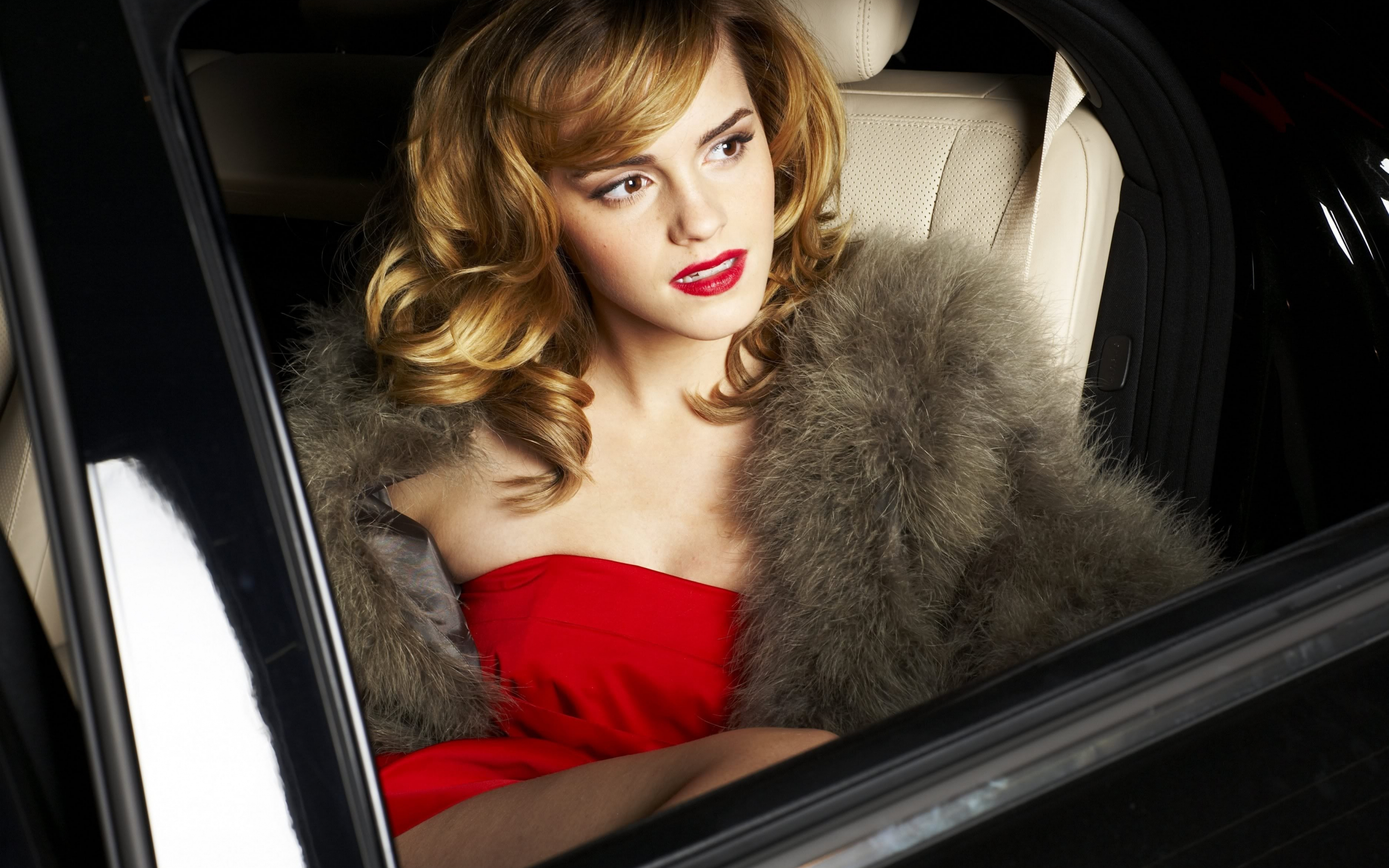 Emma watson, red dress, inside car, looking away, 2880x1800 wallpaper