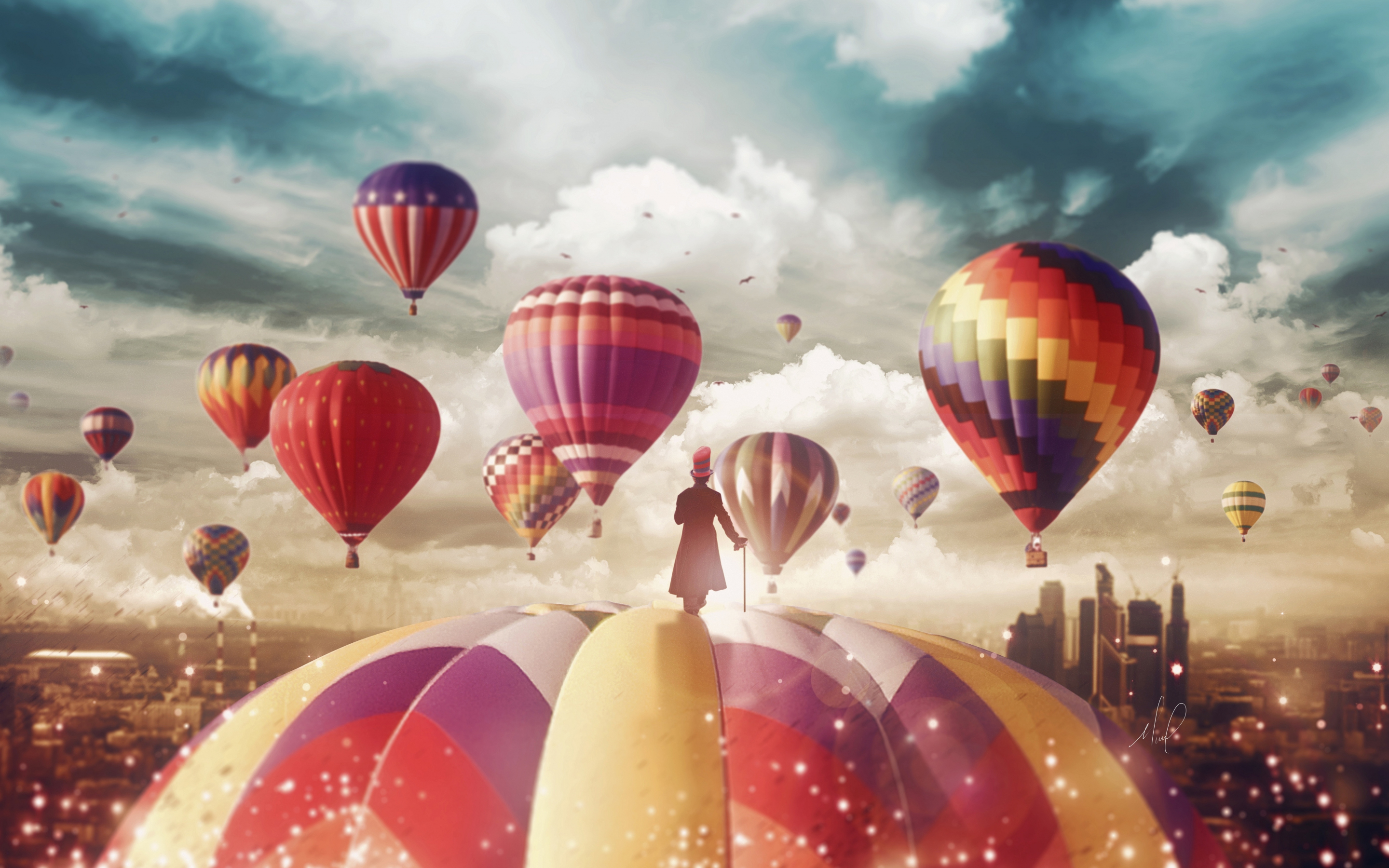 Magician, hot air balloons, ride, fantasy, surreal, 2880x1800 wallpaper