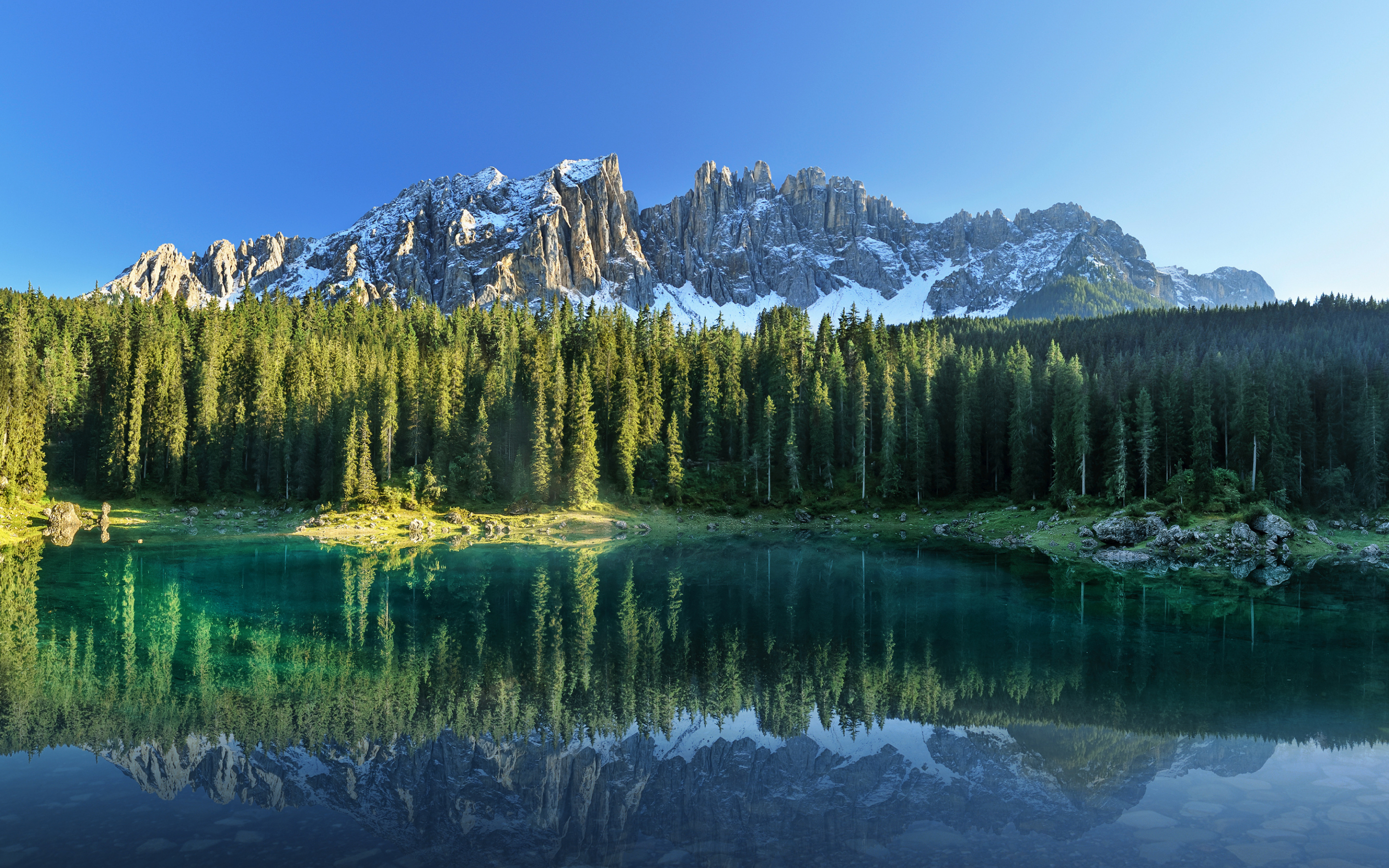 Forest, lake, mountains, reflections, Huawei Matebook X, stock, 2880x1800 wallpaper