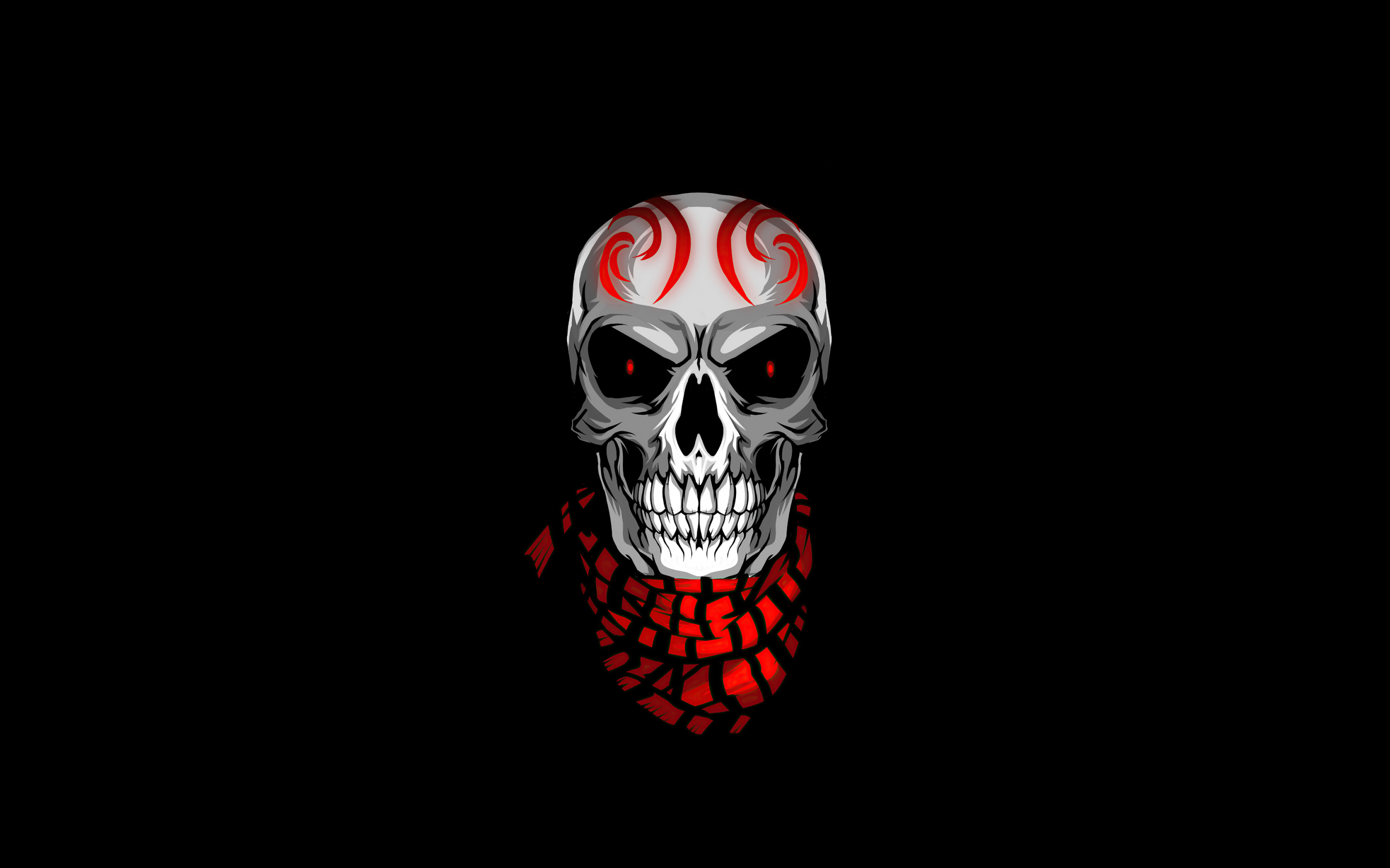 Skull with scarves, red eyes, minimal, 2880x1800 wallpaper