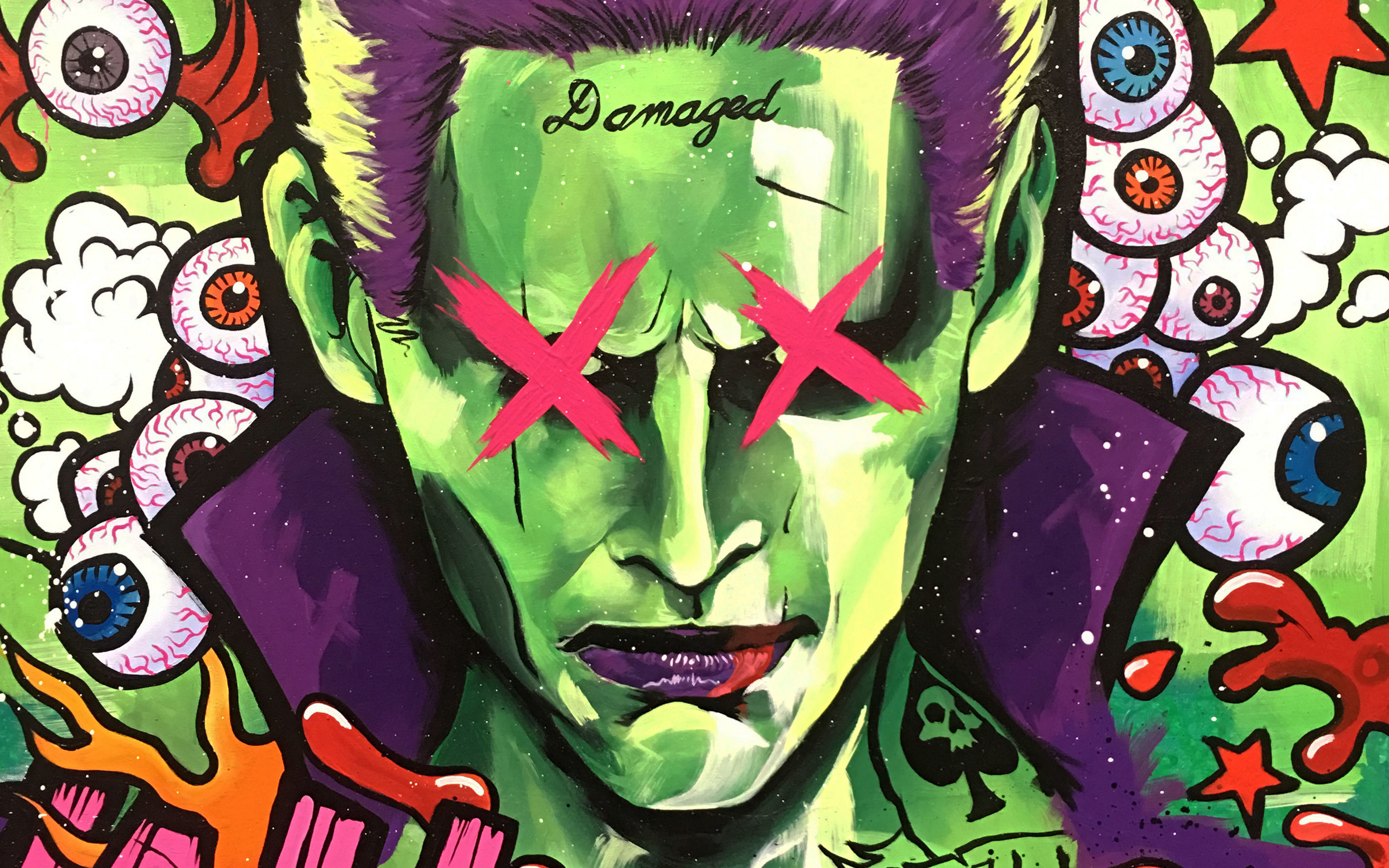 Joker, damaged, painting, villain, 2880x1800 wallpaper