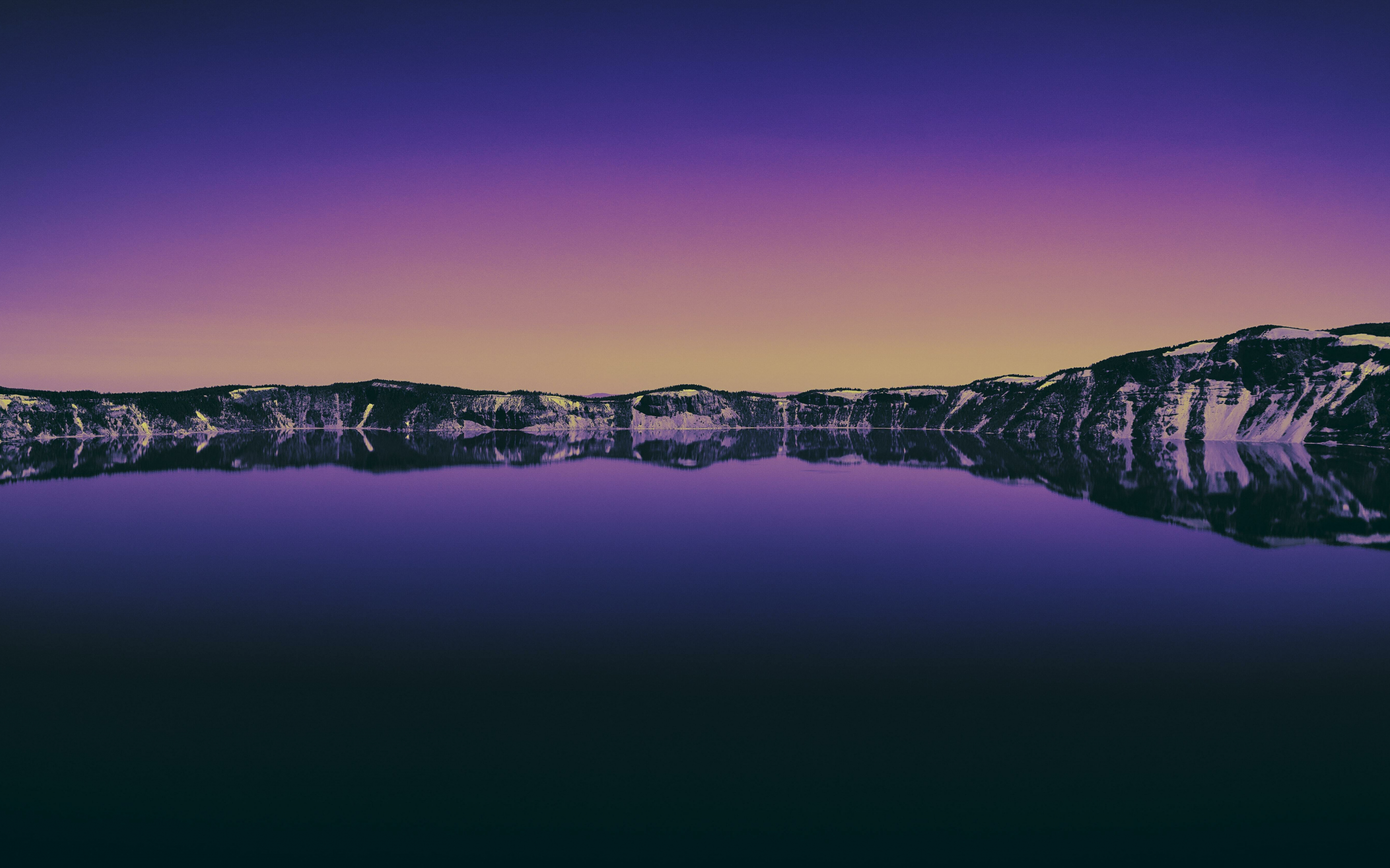 Lake, mountains, reflections, horizon, sunset, nature, 2880x1800 wallpaper