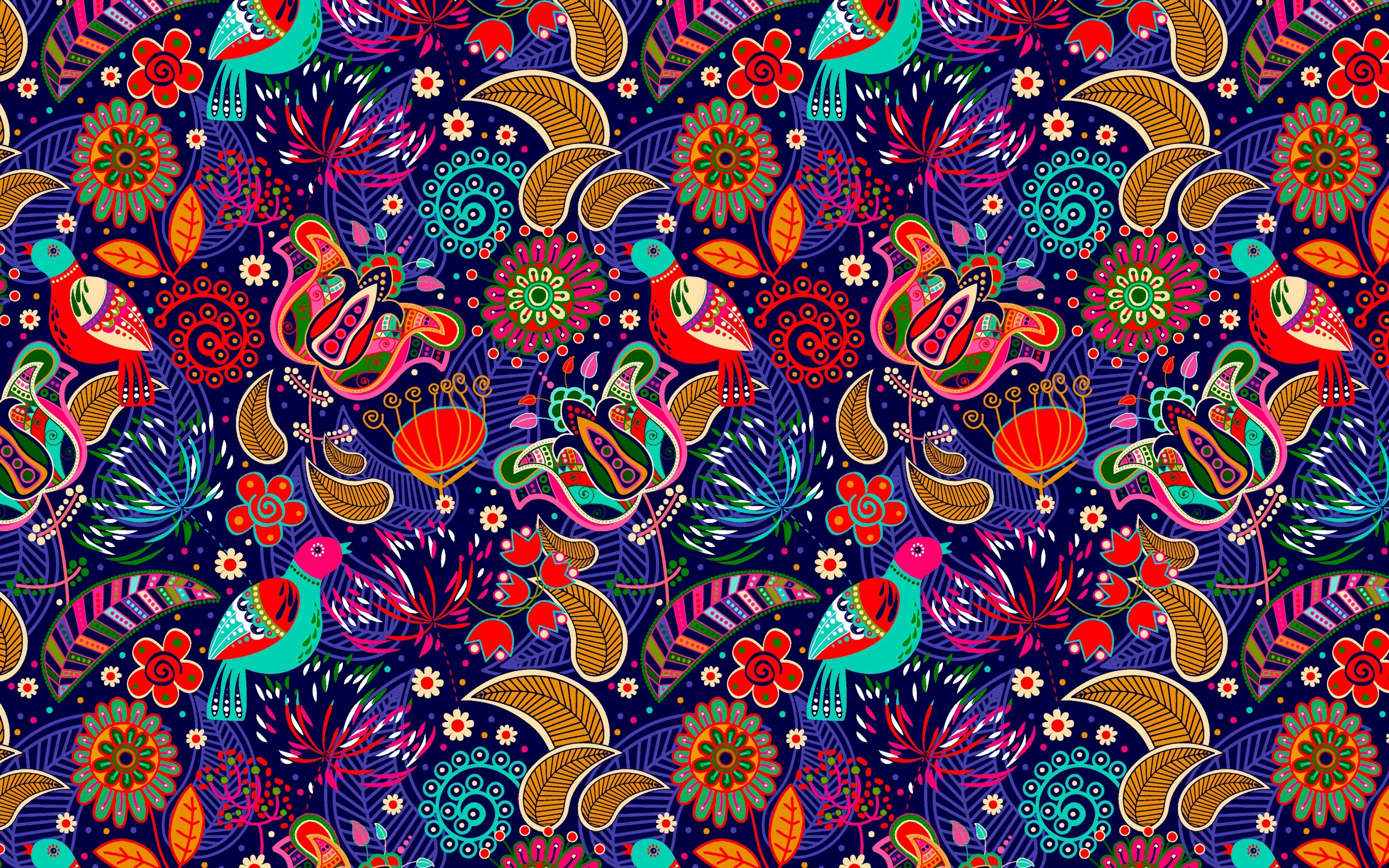 Pattern, colorful, birds, leaf, flowers, 2880x1800 wallpaper