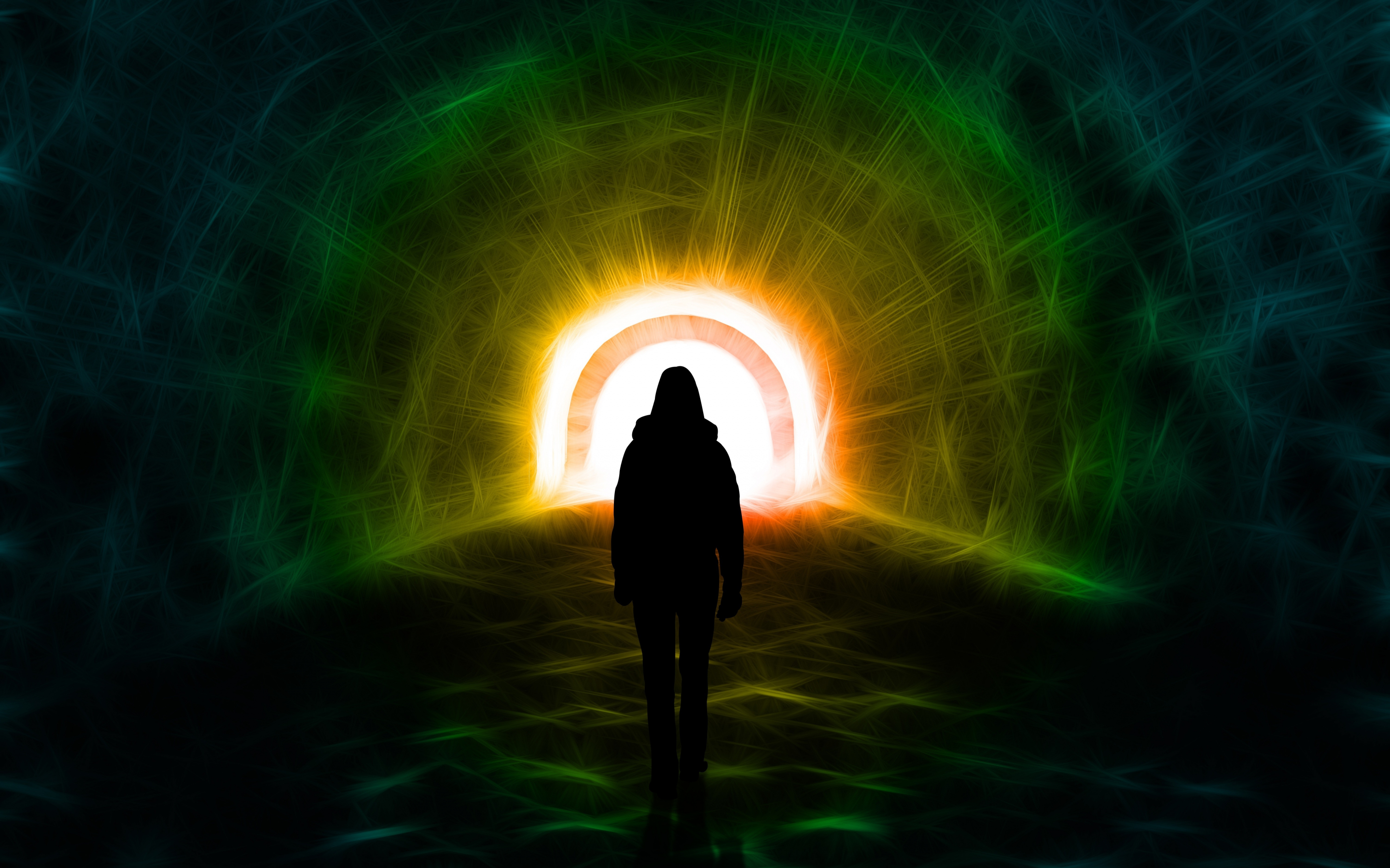 Light, tunnel, man in hoodie, silhouette, 2880x1800 wallpaper
