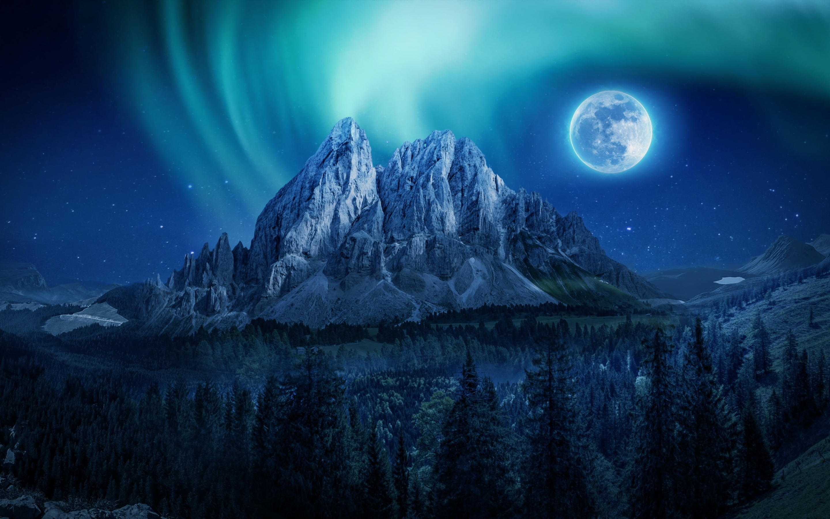 Mountain, Aurora, moon, night, 2880x1800 wallpaper