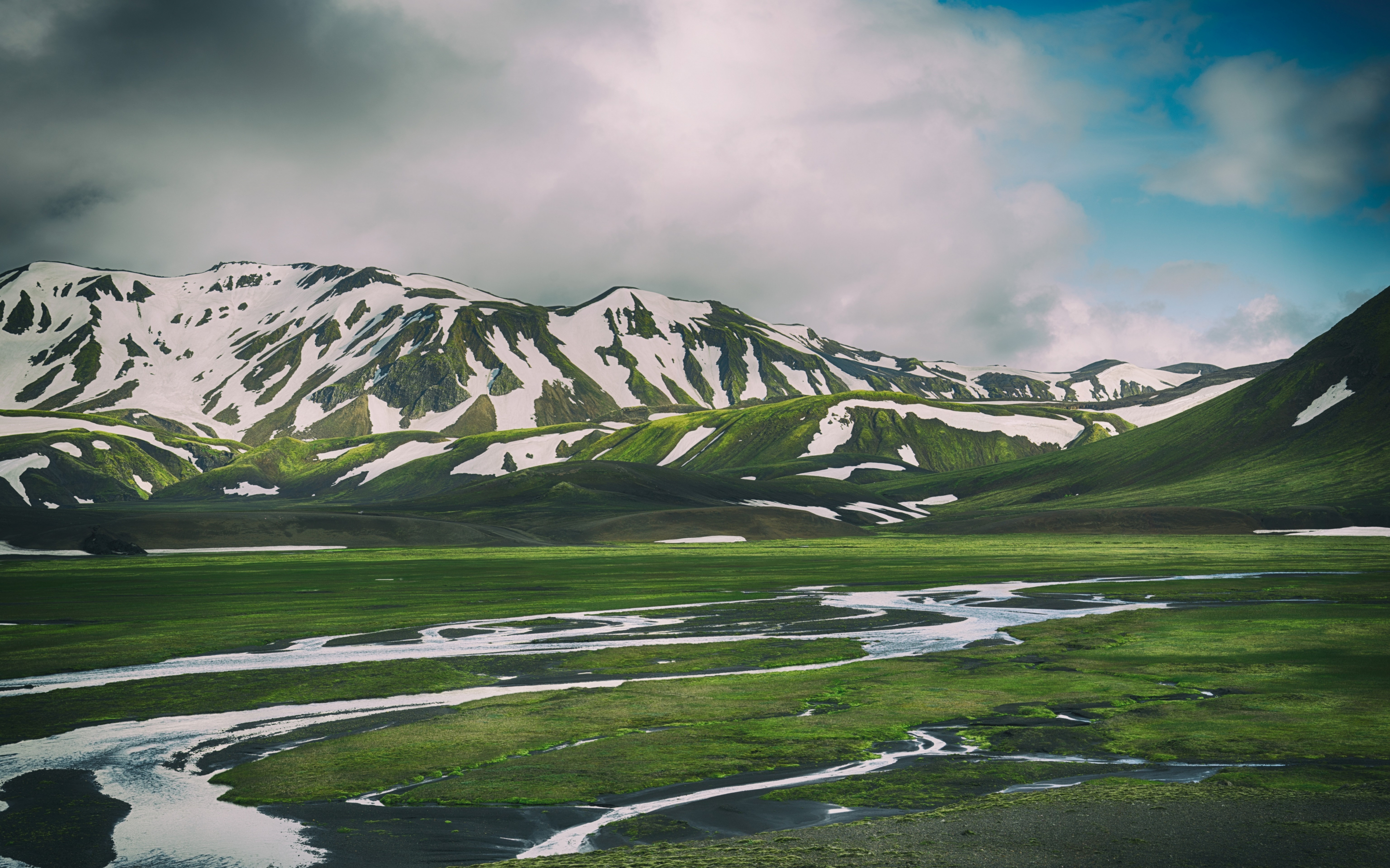 Iceland, mountains, snow, green landscape, 2880x1800 wallpaper