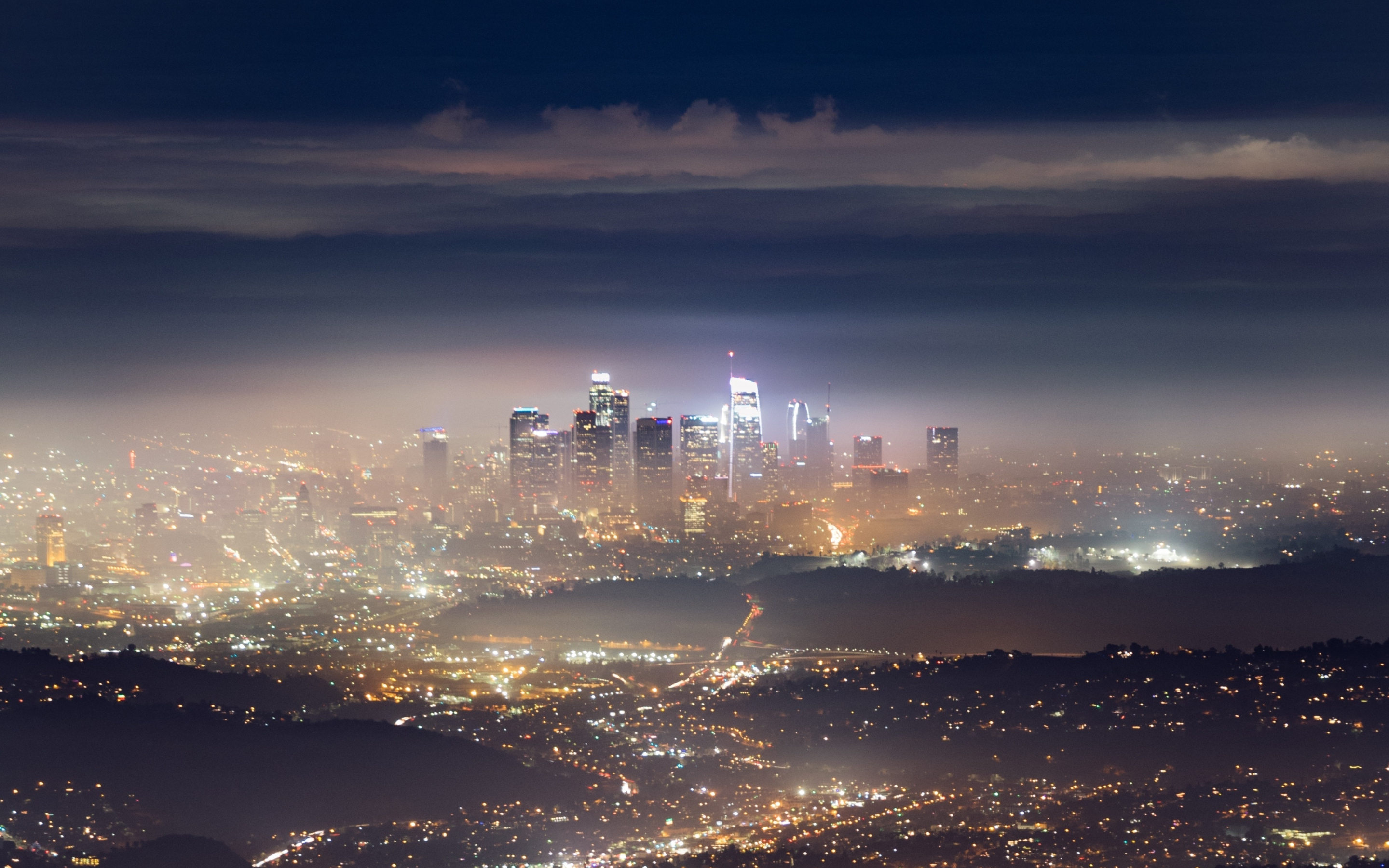 Metropolis, cityscape, city, dusk, lights, 2880x1800 wallpaper