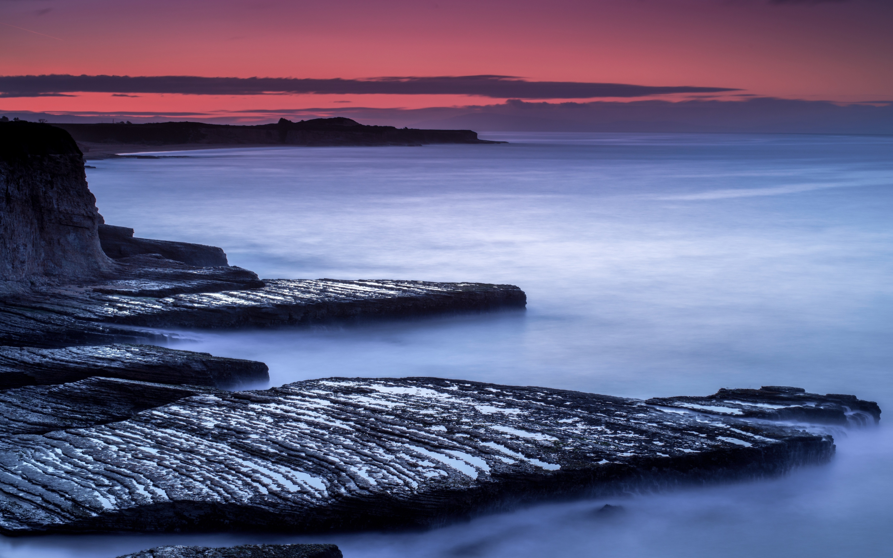 Coast, sunset, fog, rocks, mist, 2880x1800 wallpaper