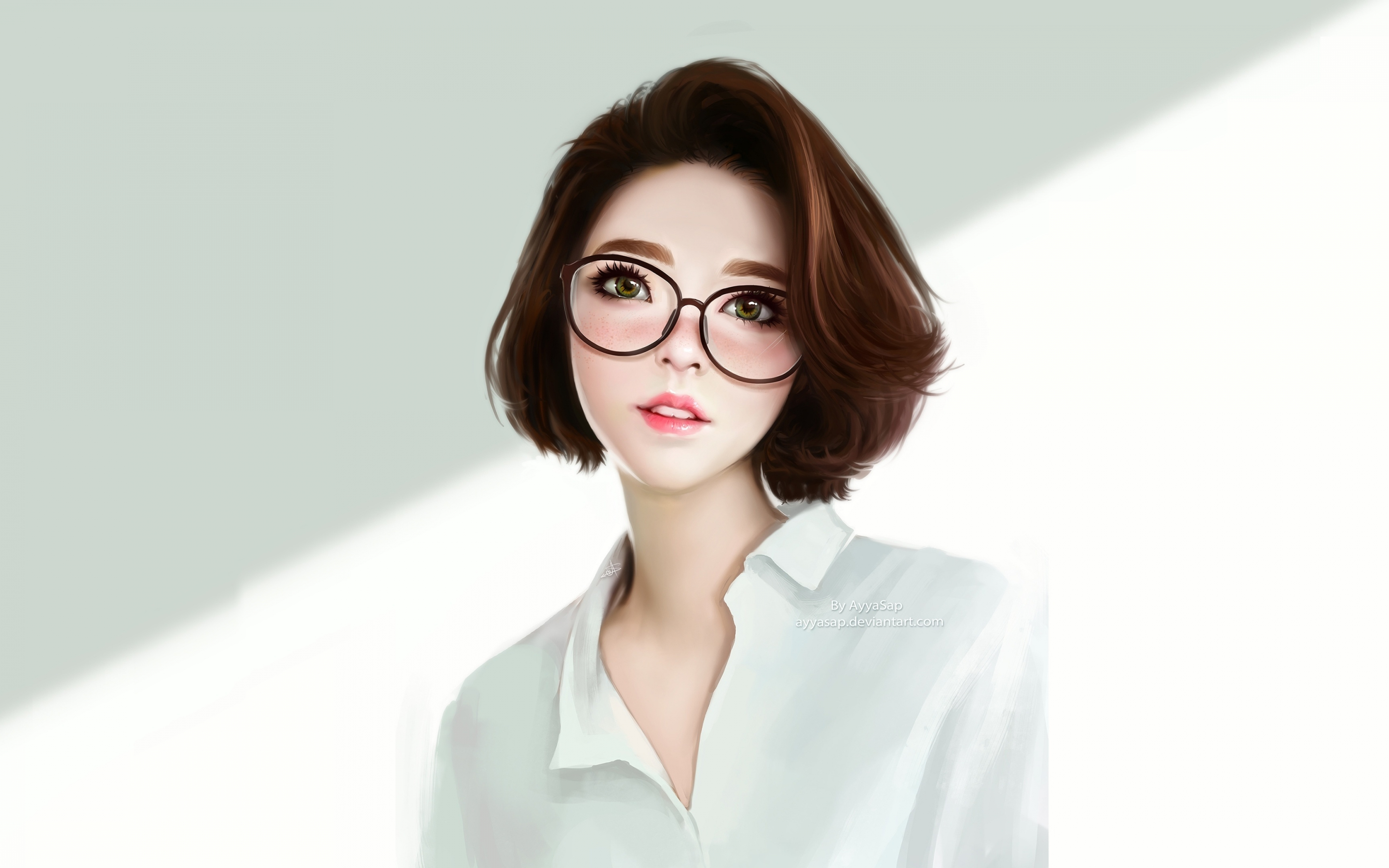Cute, beautiful woman, brunette, short hair, glasses, 2880x1800 wallpaper