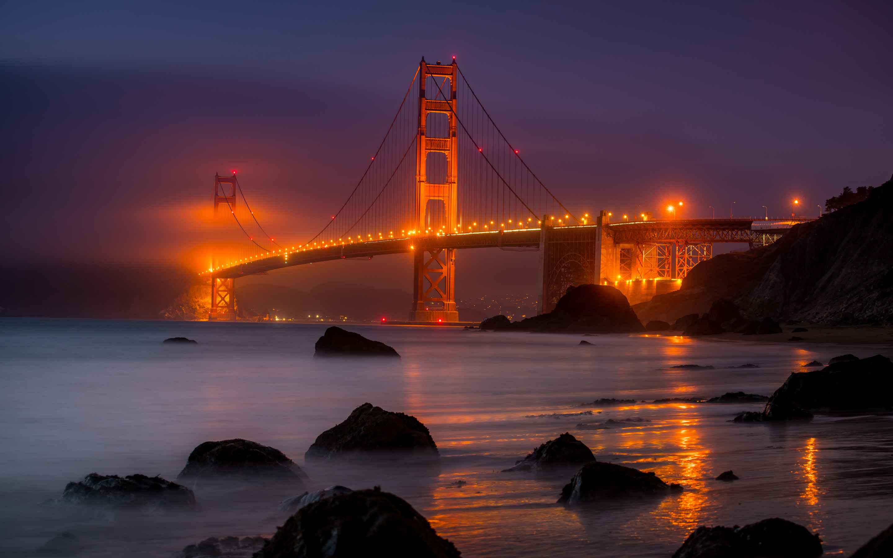 Golden Gate Bridge, San Francisco, yellow lights, night, 2880x1800 wallpaper