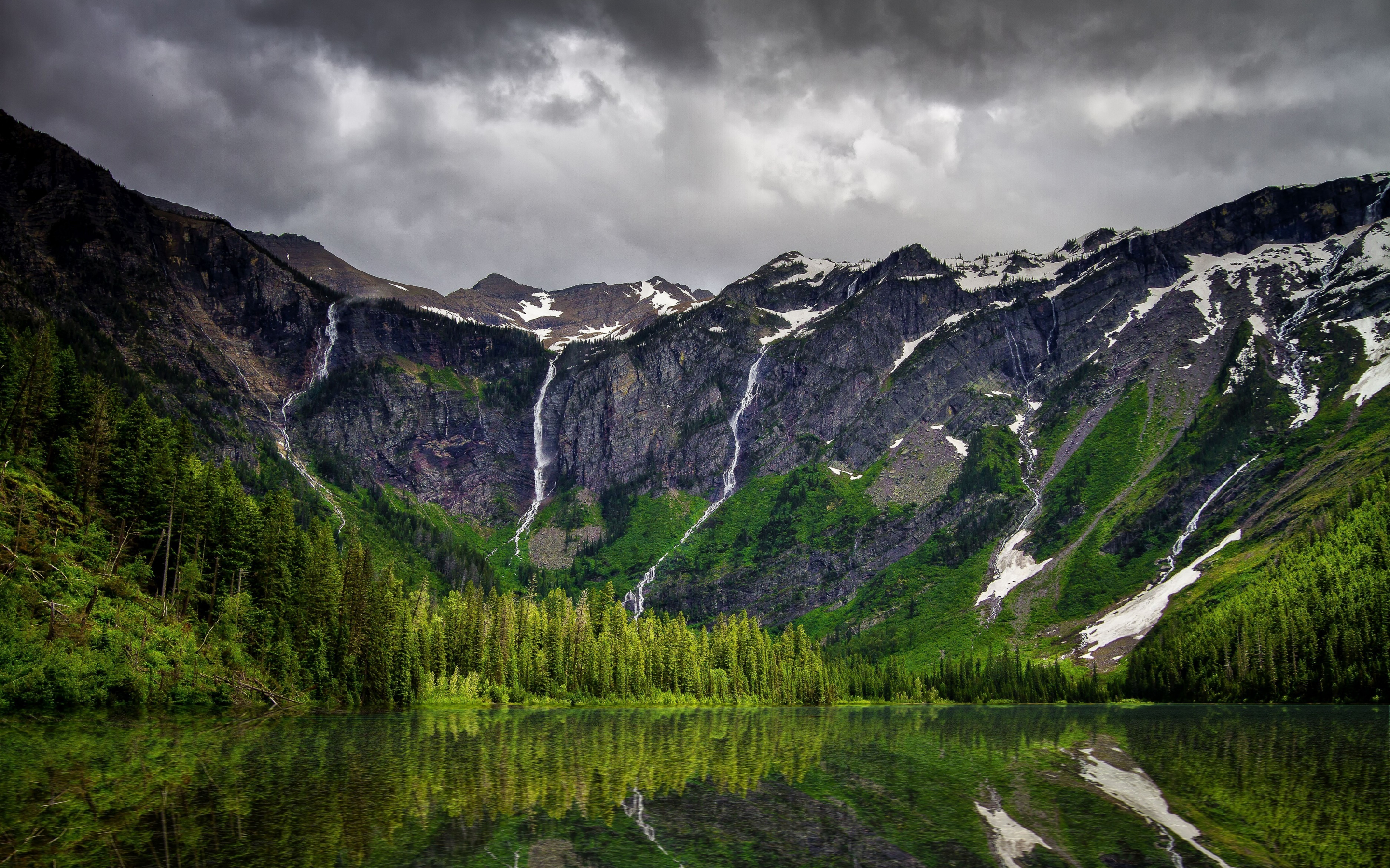 Clouds, mountains, lake, waterfalls, 2880x1800 wallpaper